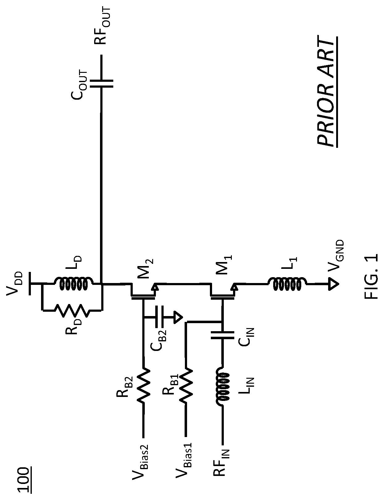 Patent US12101065 Figure 1 – Dual voltage switched branch LNA architecture