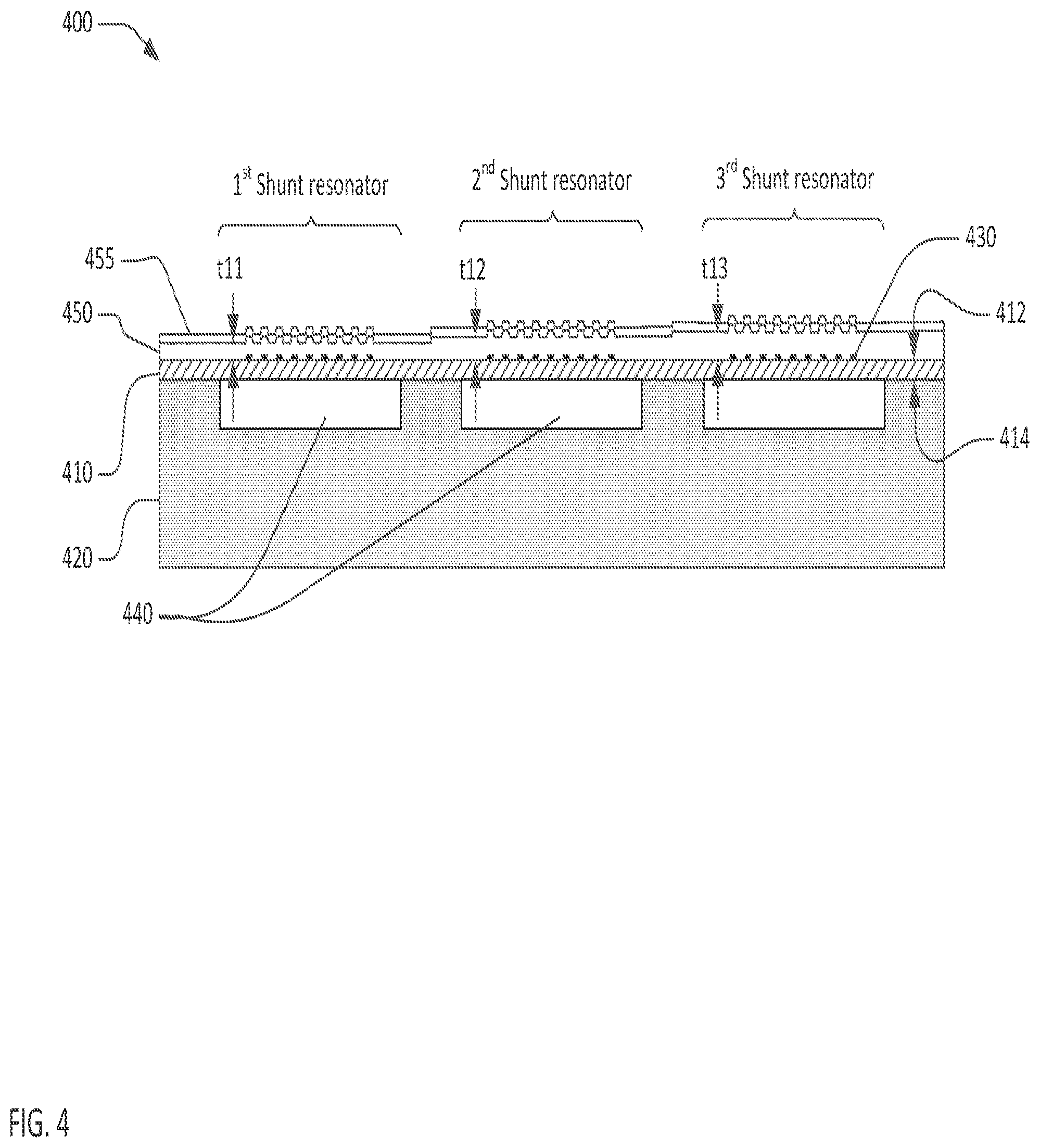 Patent US12101078 Figure 4 – Transversely-excited film bulk acoustic resonators using multiple dielectric layer thicknesses to suppress spurious modes