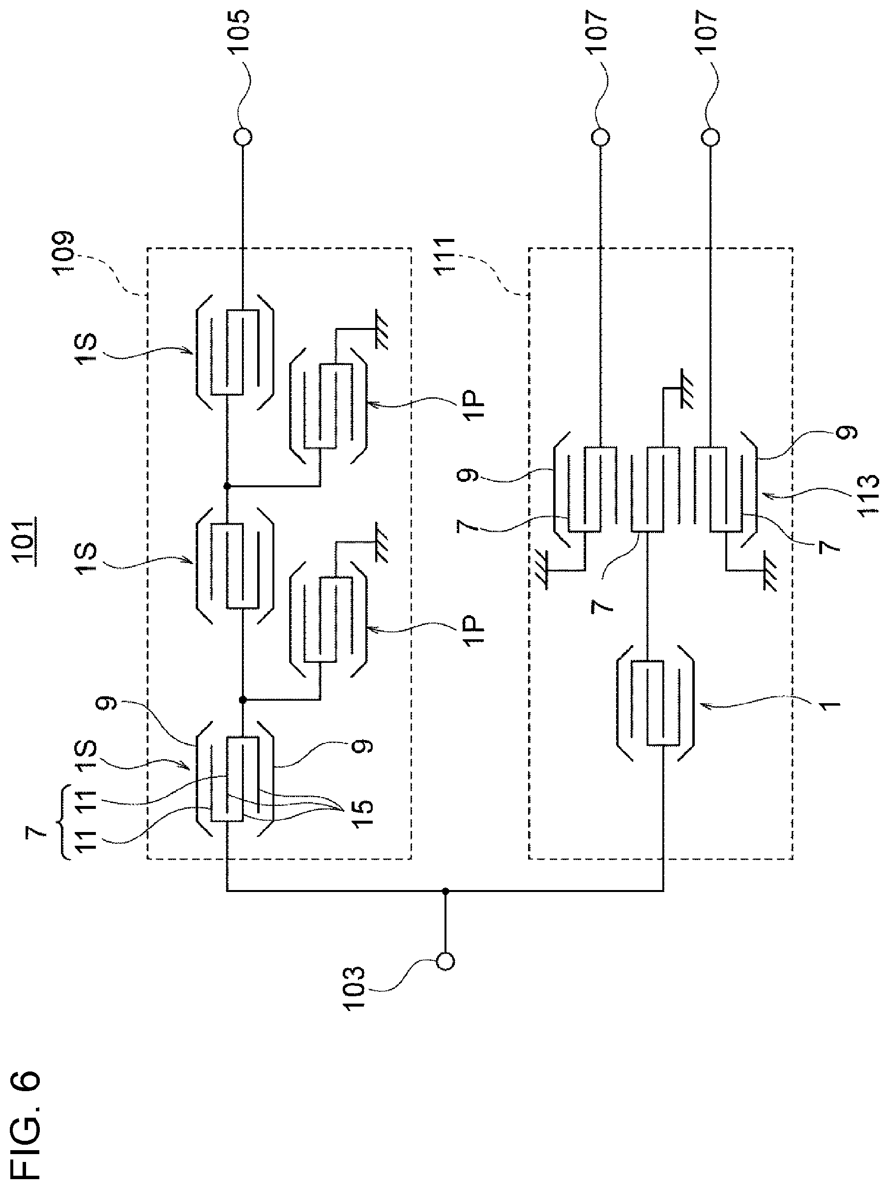 Patent US12101082 Figure 6 – Elastic wave filter, branching filter, and communication device