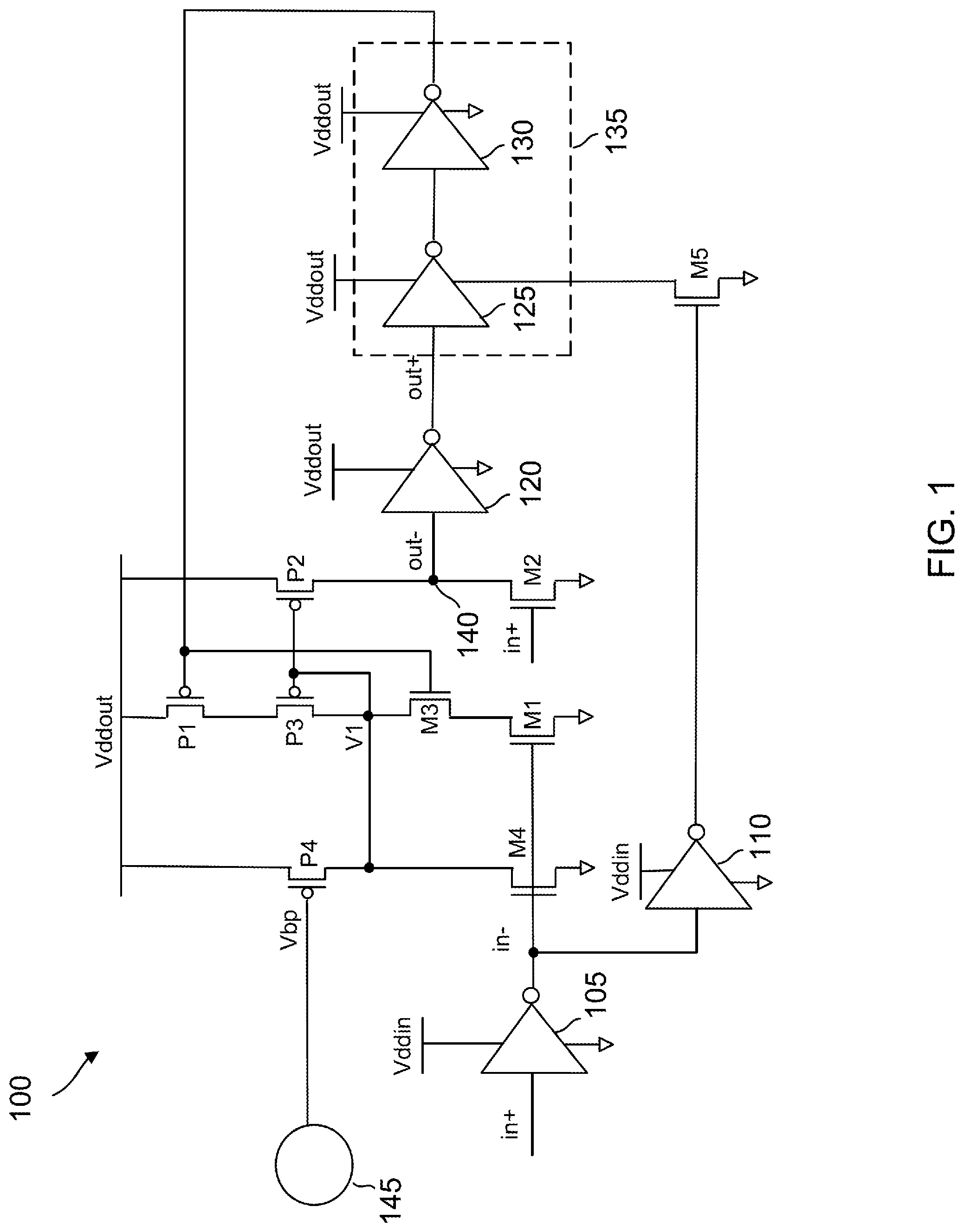 Patent US12101089 Figure 1 – Enhanced rising and falling transitions for level shifting low-voltage input signals