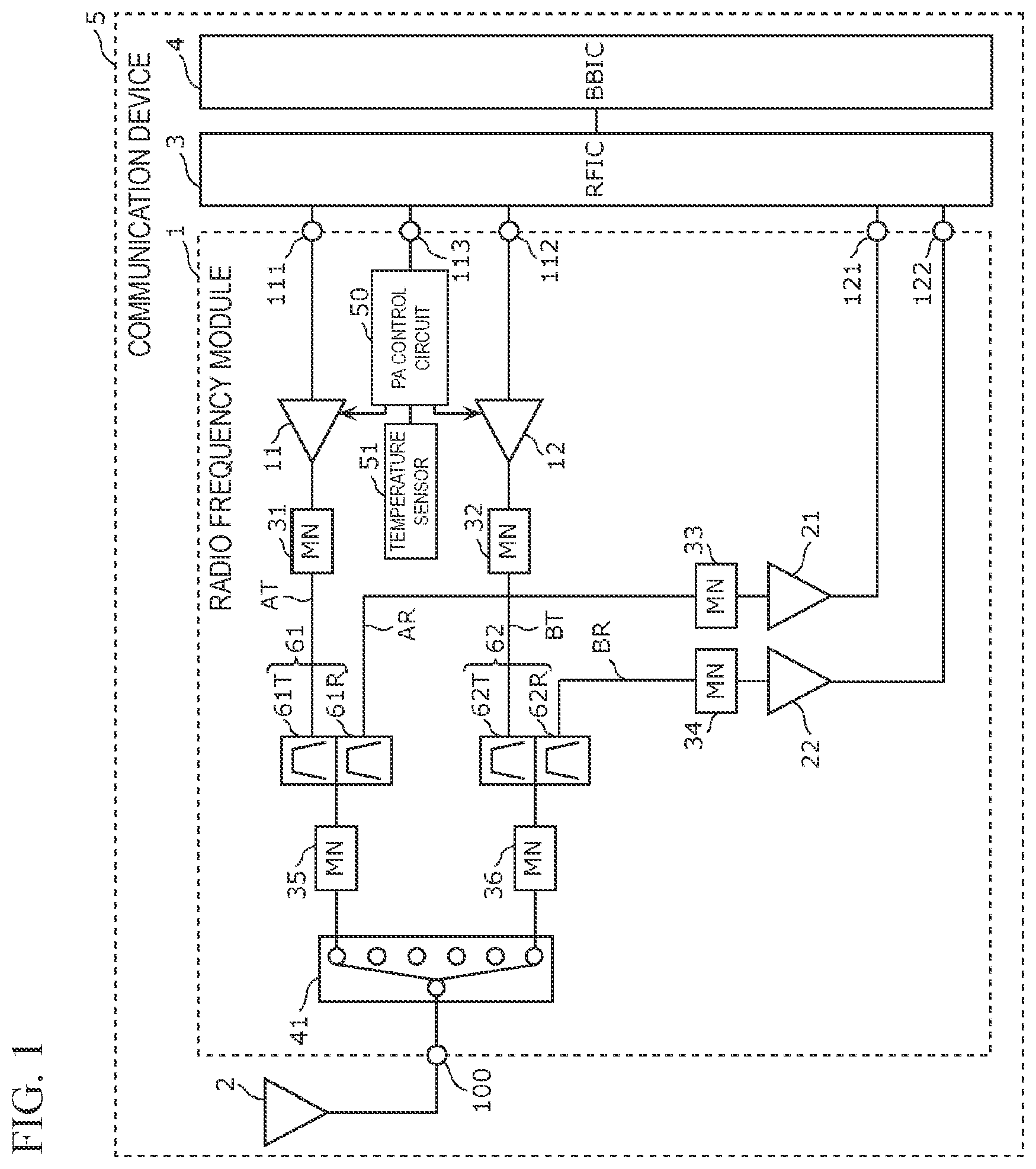Patent US12101110 Figure 1 – Radio frequency module and communication device