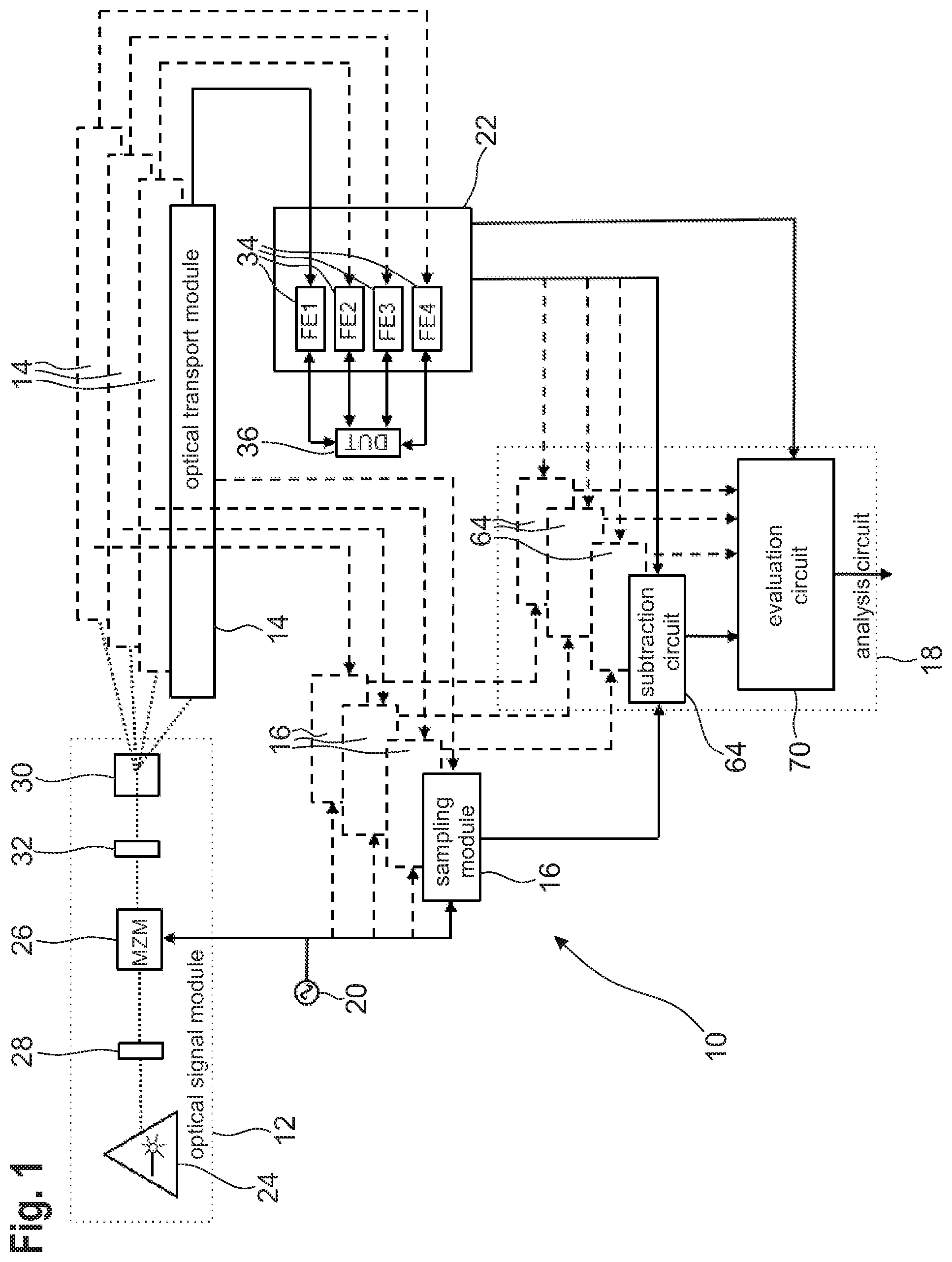 Patent US12101116 Figure 1 – System for correcting phase noise and/or drift occurring in optical fibers