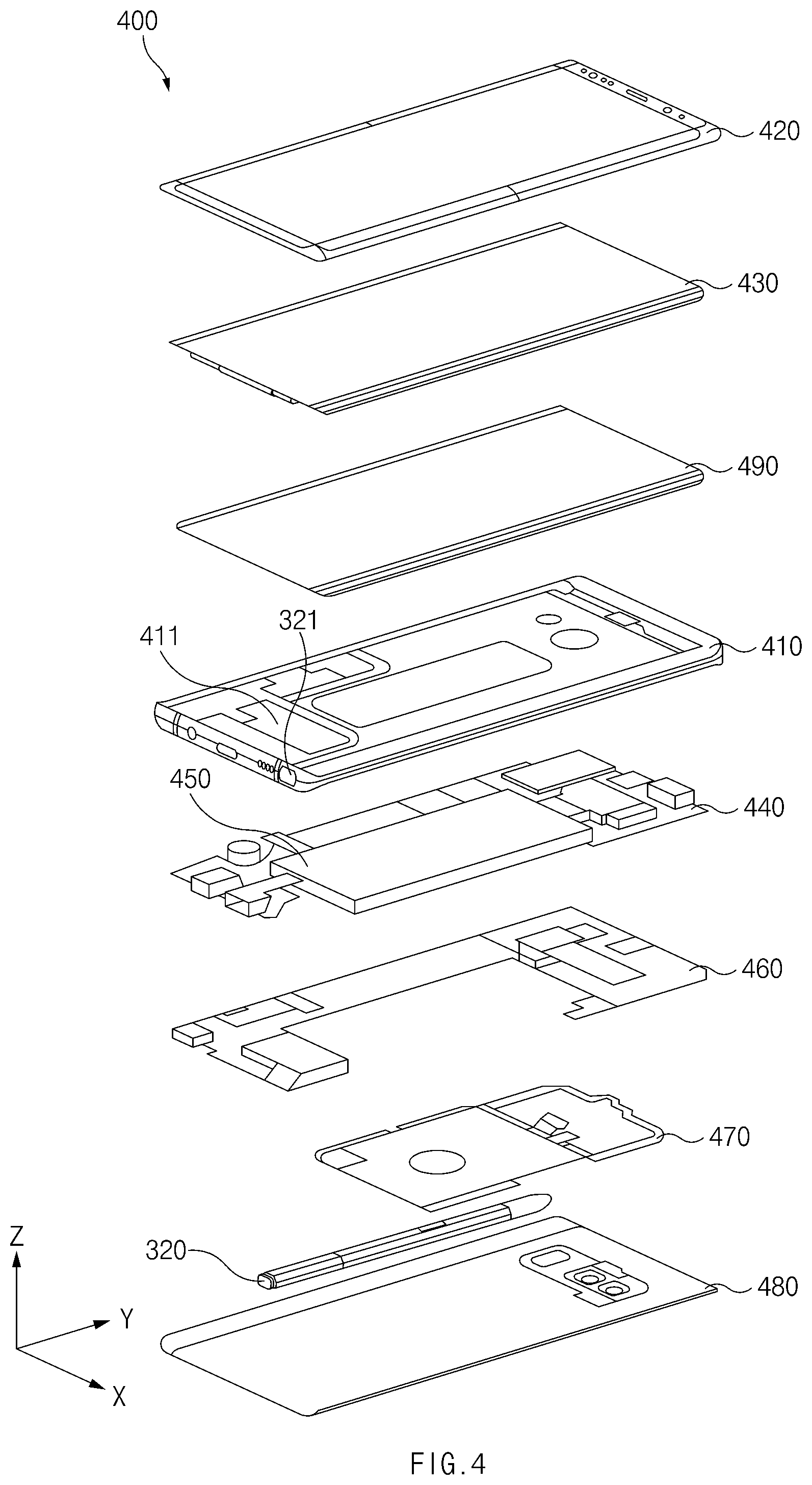 Patent US12101422 Figure 4 – Electronic device including sensor panel