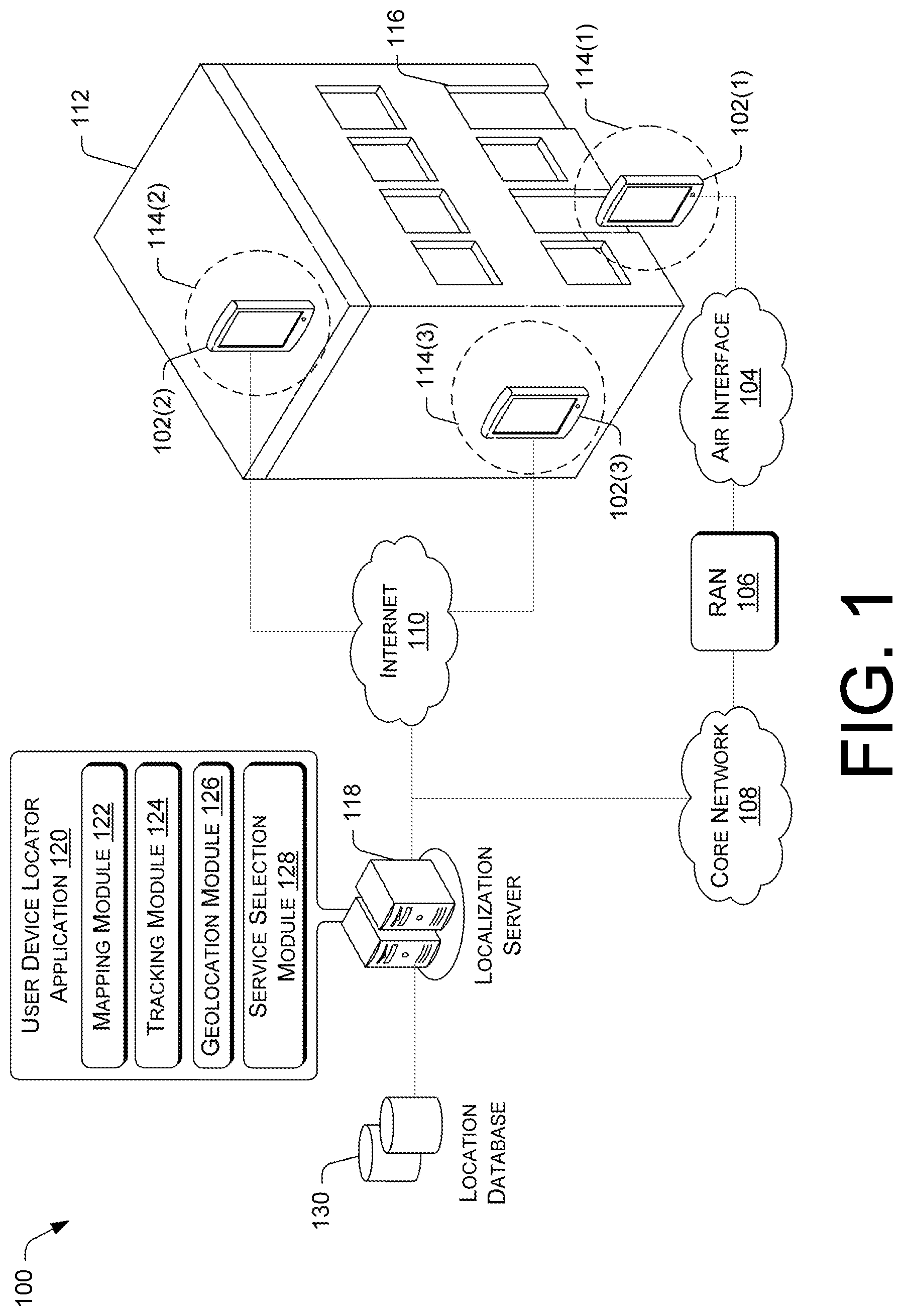 Patent US12101680 Figure 1 – Constrained user device location using building topology