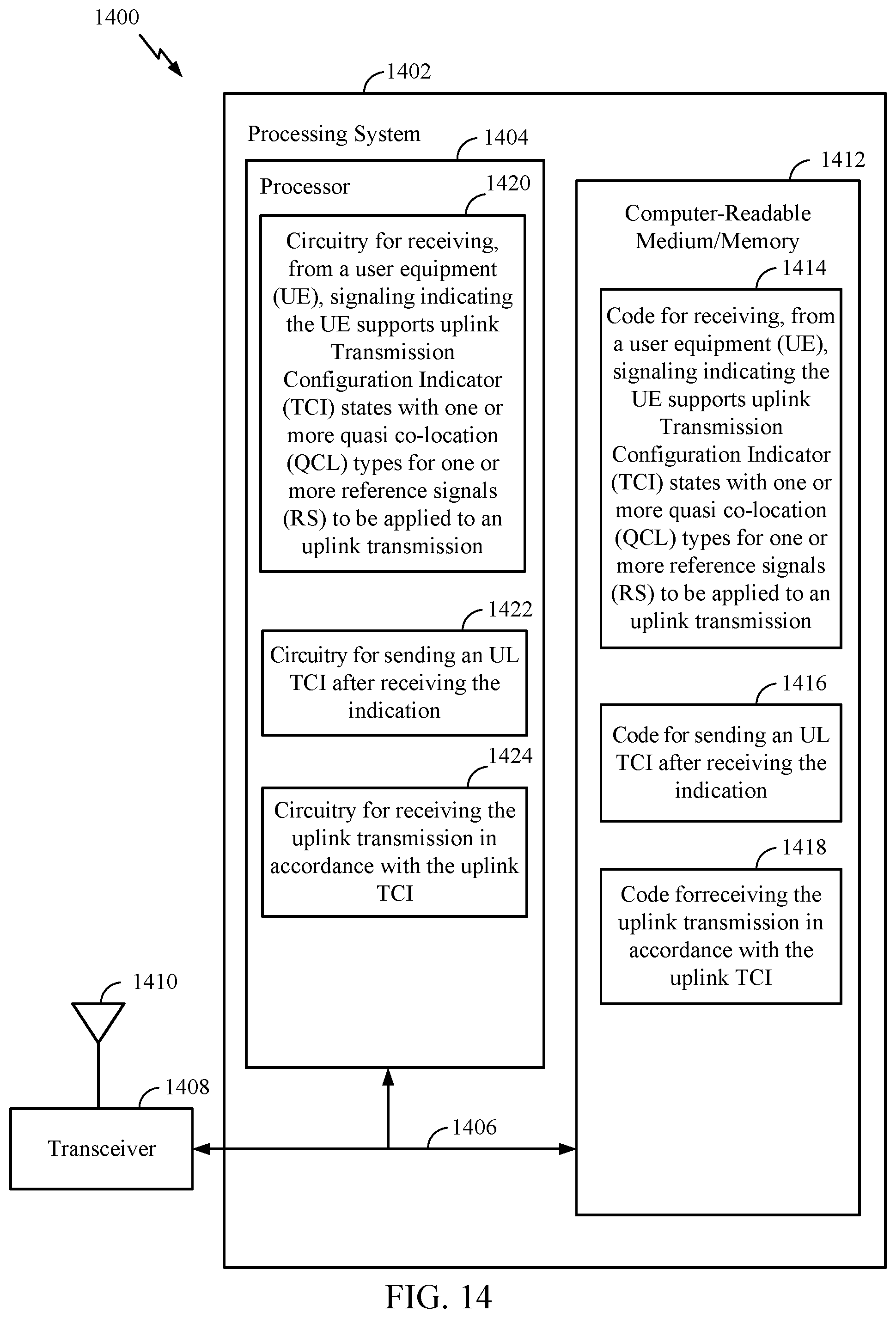 Patent US12101772 Figure 14 – Signaling to enable uplink transmission configuration indicator states