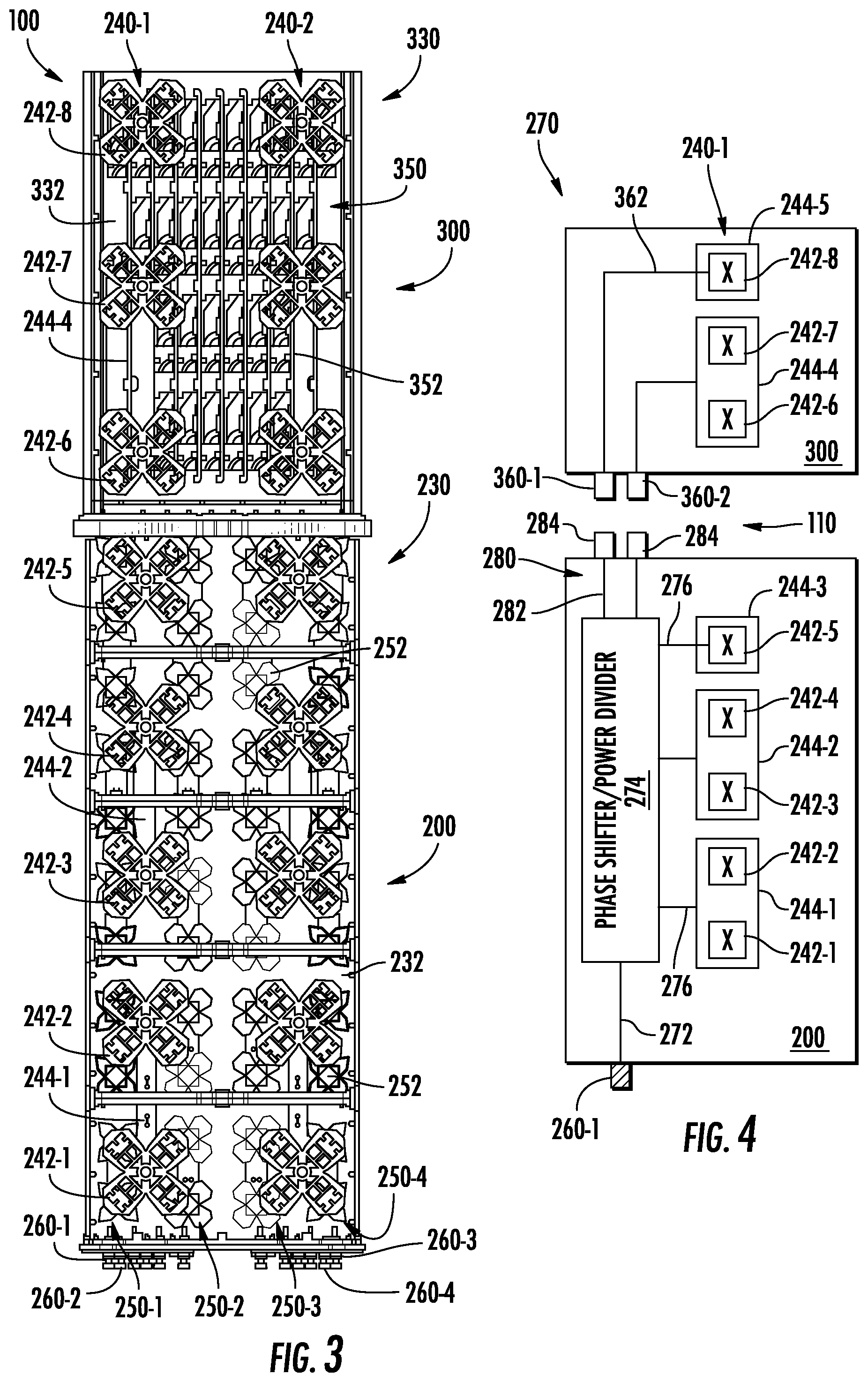 Patent US12101853 Figure 2 – Base station antenna units having arrays spanning multiple antennas that are connected by jumper cables
