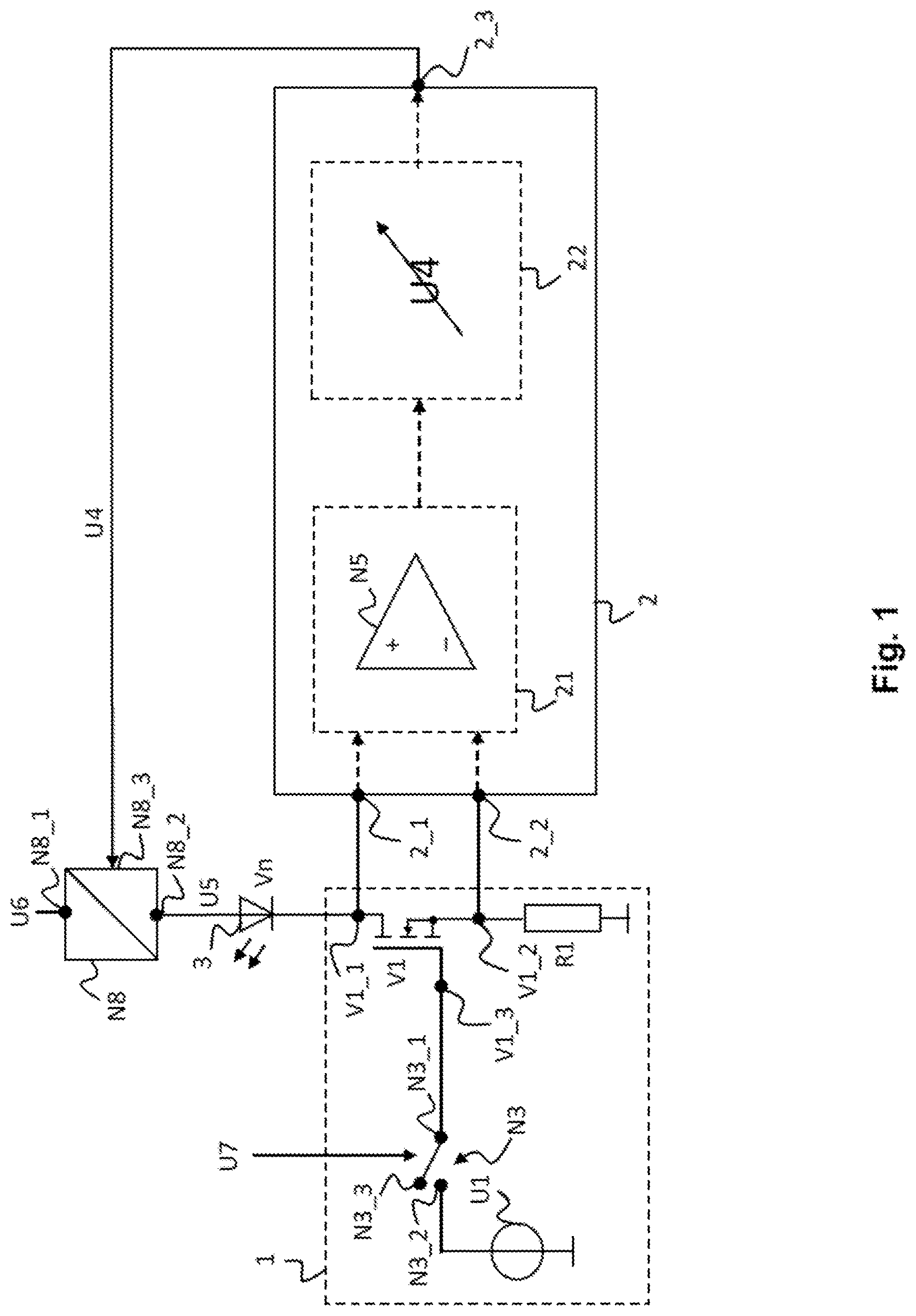 Patent US12101857 Figure 1 – Light source driver circuit, optical measuring device comprising the light source driver circuit, device for checking value documents, and method for operating a light source load by means of the light source driver circuit