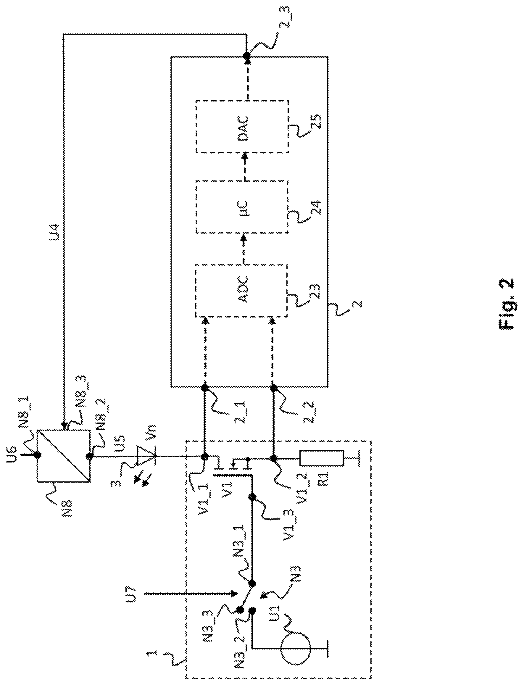 Patent US12101857 Figure 2 – Light source driver circuit, optical measuring device comprising the light source driver circuit, device for checking value documents, and method for operating a light source load by means of the light source driver circuit