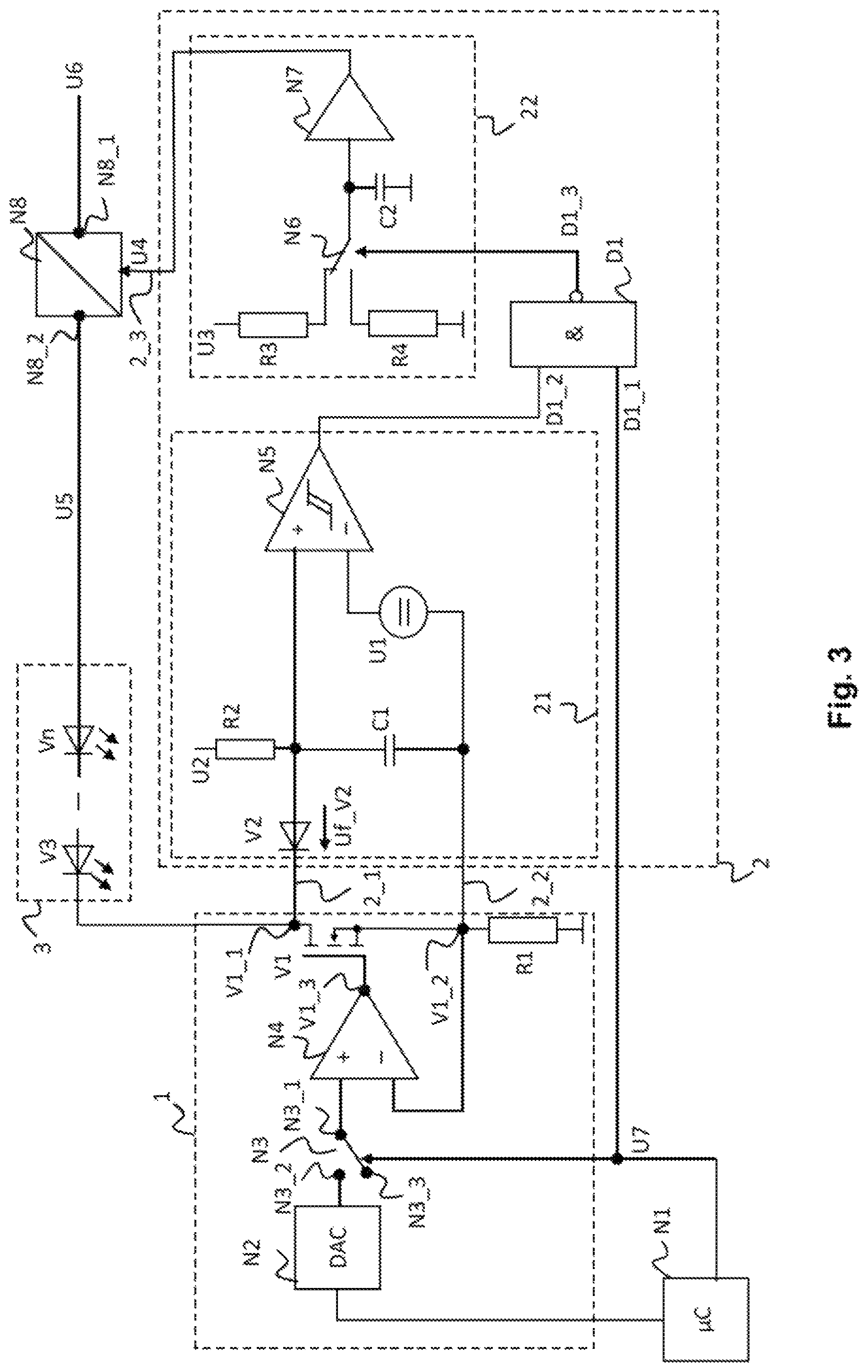 Patent US12101857 Figure 3 – Light source driver circuit, optical measuring device comprising the light source driver circuit, device for checking value documents, and method for operating a light source load by means of the light source driver circuit