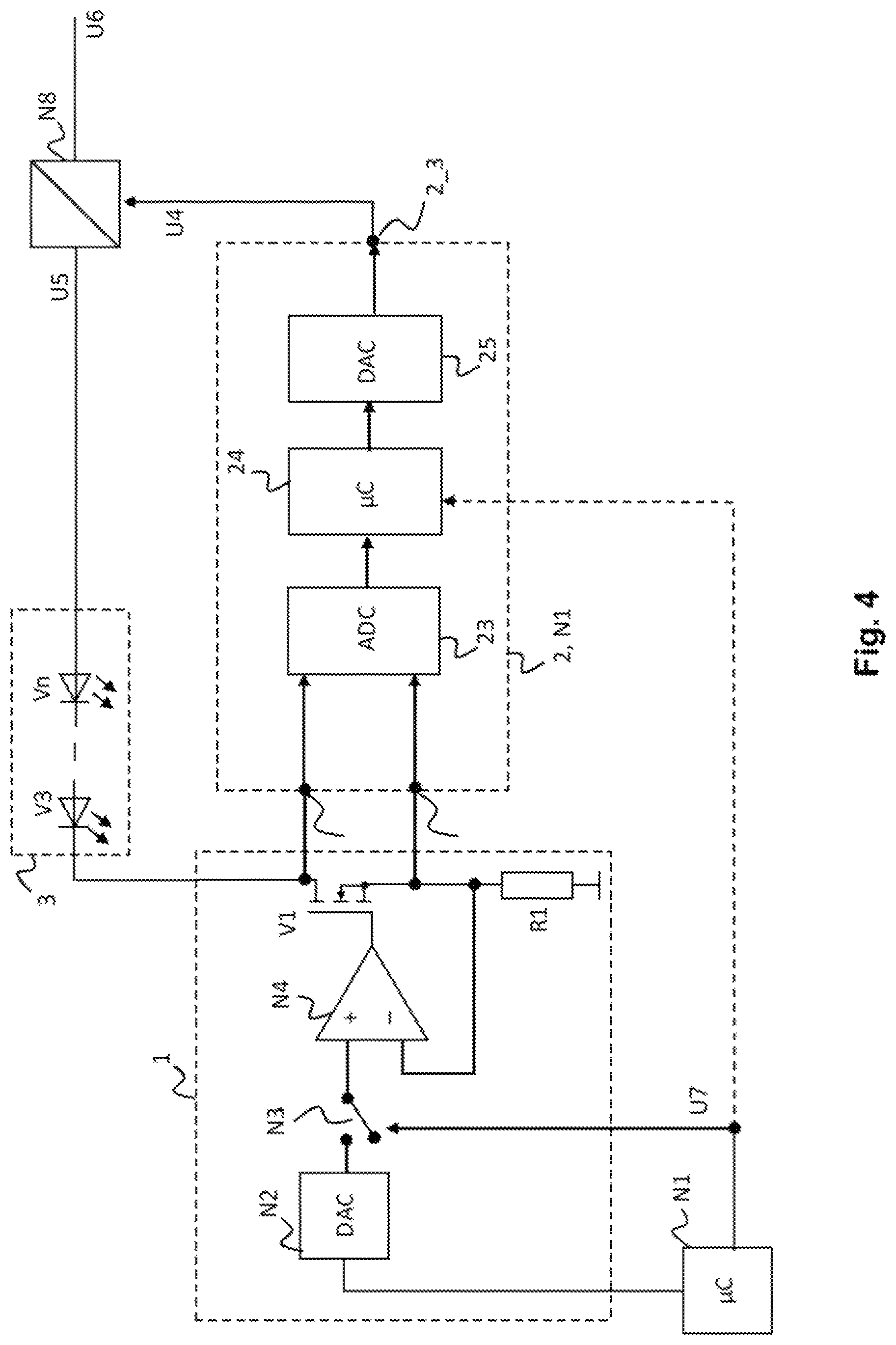 Patent US12101857 Figure 4 – Light source driver circuit, optical measuring device comprising the light source driver circuit, device for checking value documents, and method for operating a light source load by means of the light source driver circuit