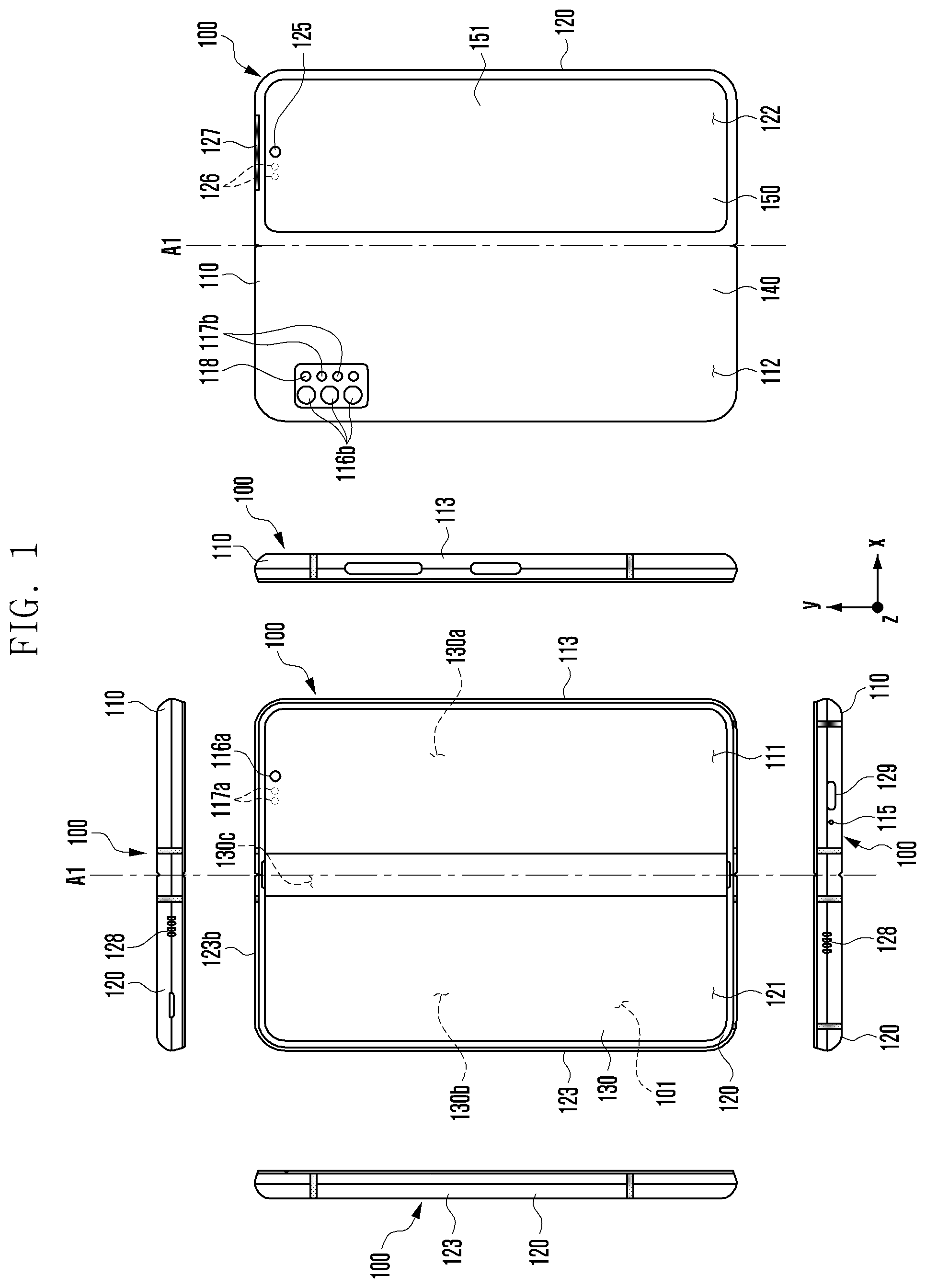 Patent US12101902 Figure 1 – Electronic device with structure to reduce damage to glass