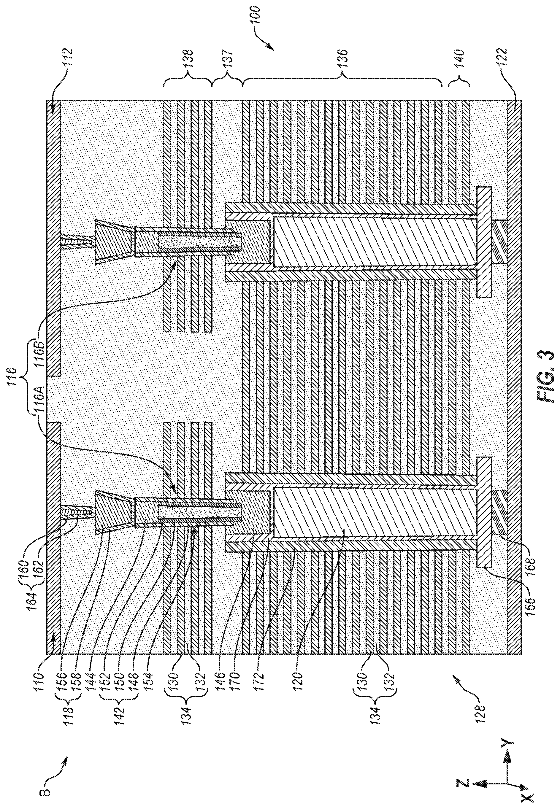Patent US12101932 Figure 3 – Microelectronic devices, and related memory devices and electronic systems