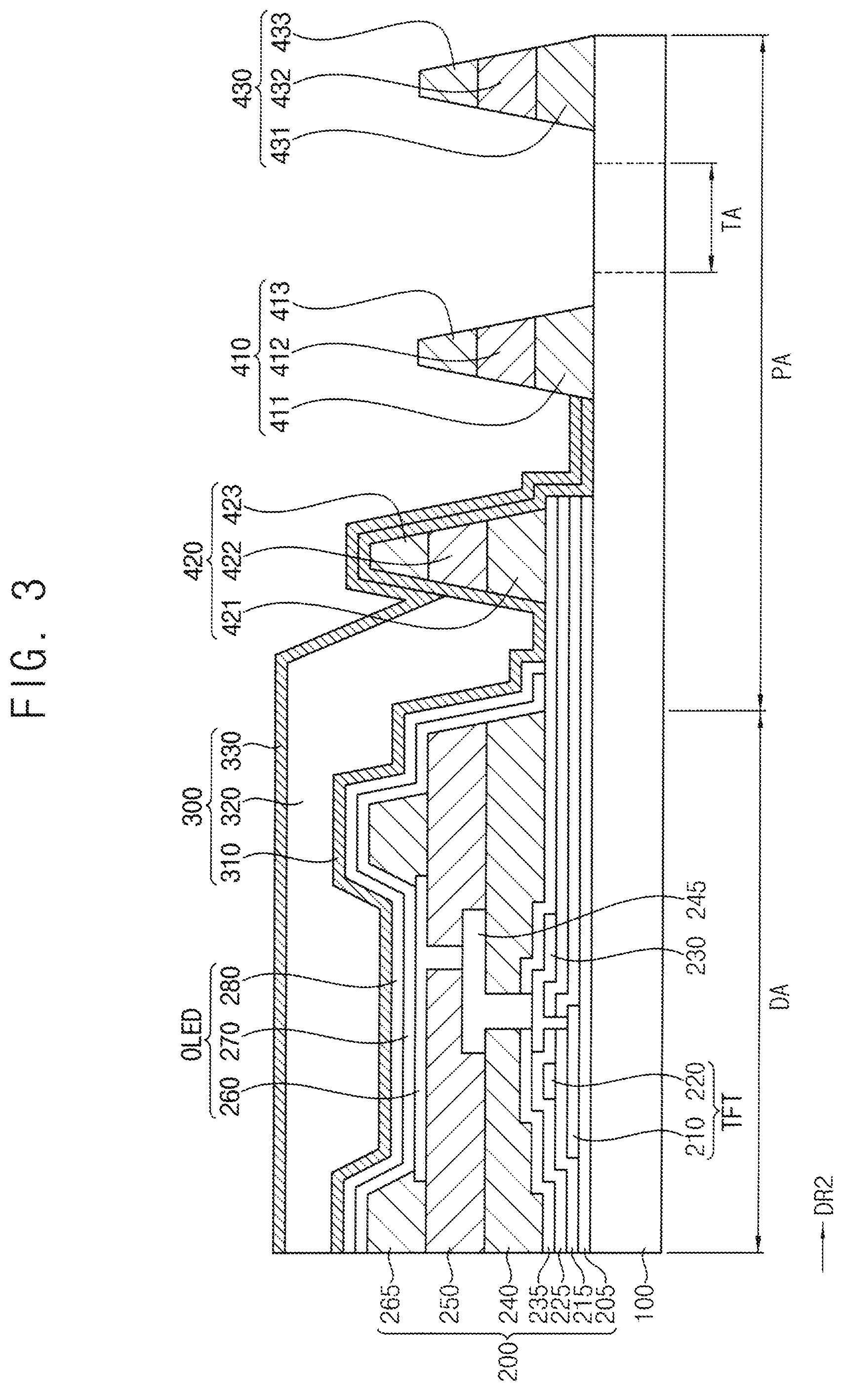Patent US12101961 Figure 3 – Display device having thin-film encapsulation layer located at a first dam and manufacturing method therefor