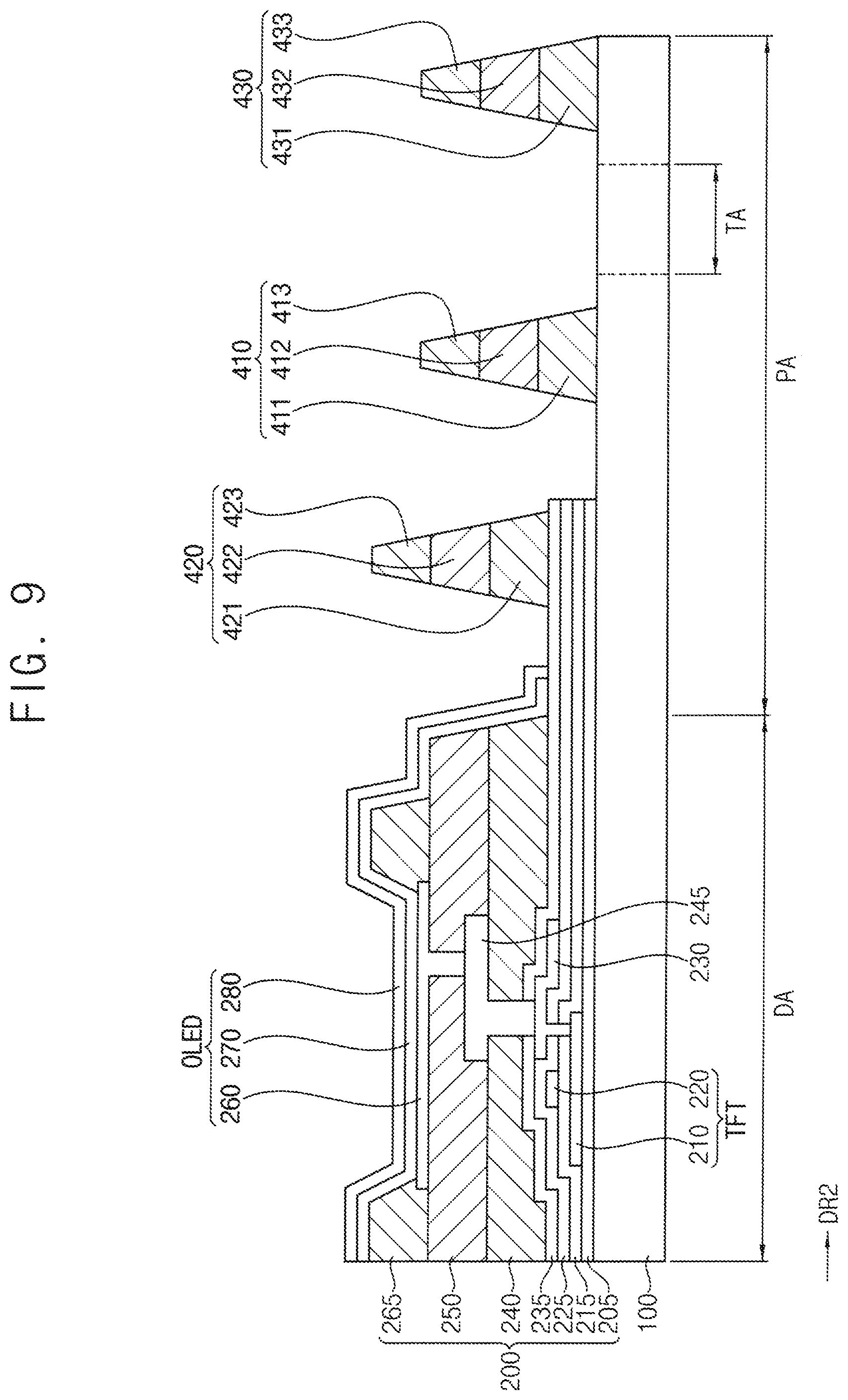 Patent US12101961 Figure 9 – Display device having thin-film encapsulation layer located at a first dam and manufacturing method therefor