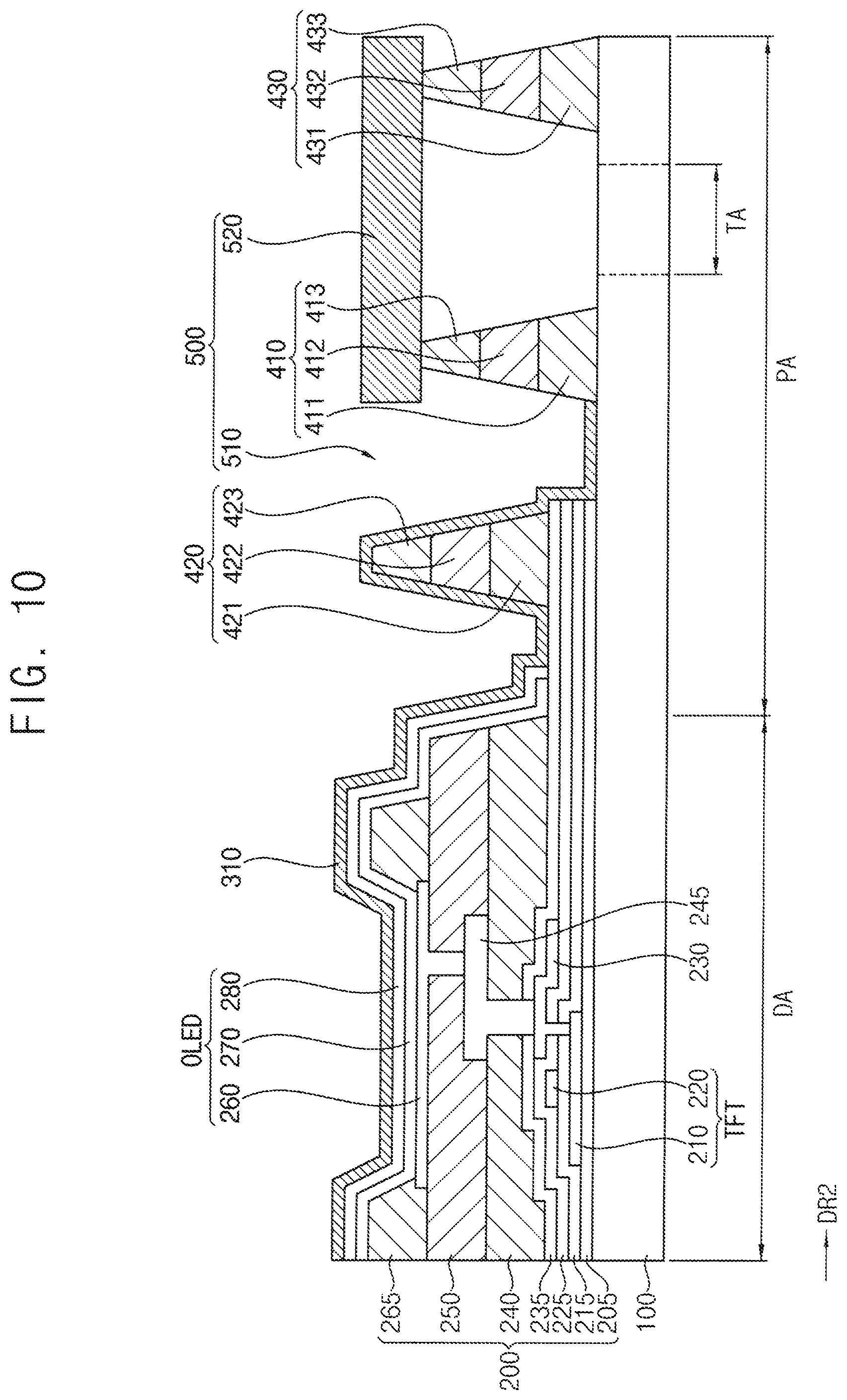 Patent US12101961 Figure 10 – Display device having thin-film encapsulation layer located at a first dam and manufacturing method therefor
