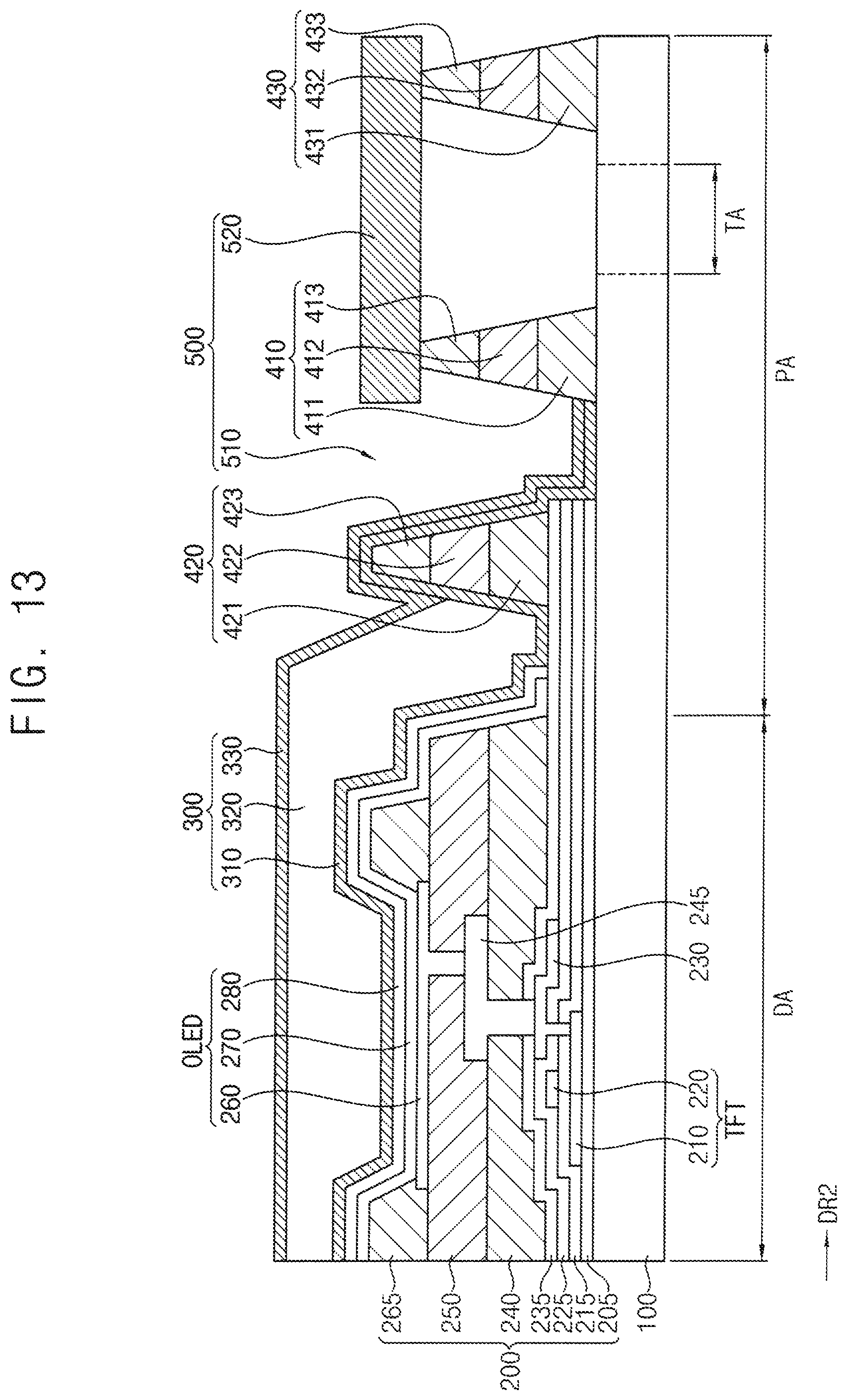 Patent US12101961 Figure 13 – Display device having thin-film encapsulation layer located at a first dam and manufacturing method therefor