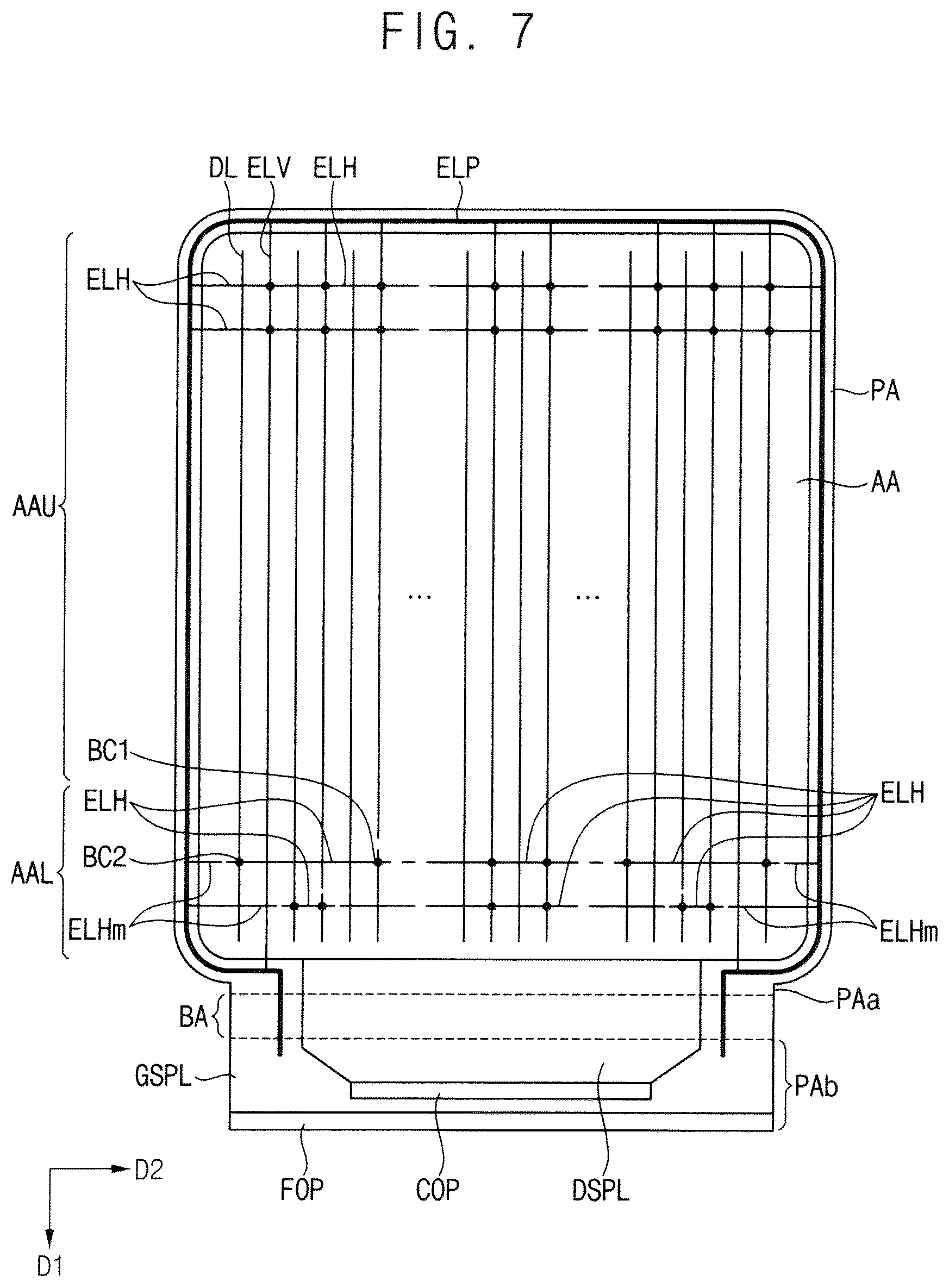 Patent US12101978 Figure 7 – Display device with fan-out line and low-voltage power supply line in display area