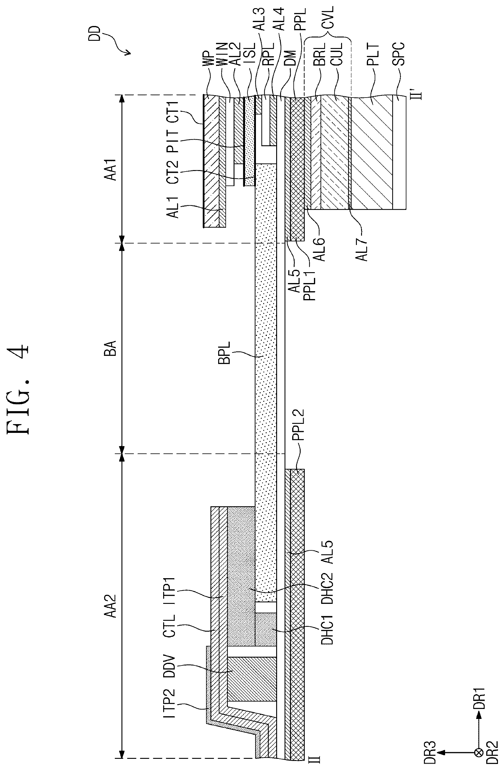 Patent US12101990 Figure 5 – Display device including bending protection and anti-reflection layers