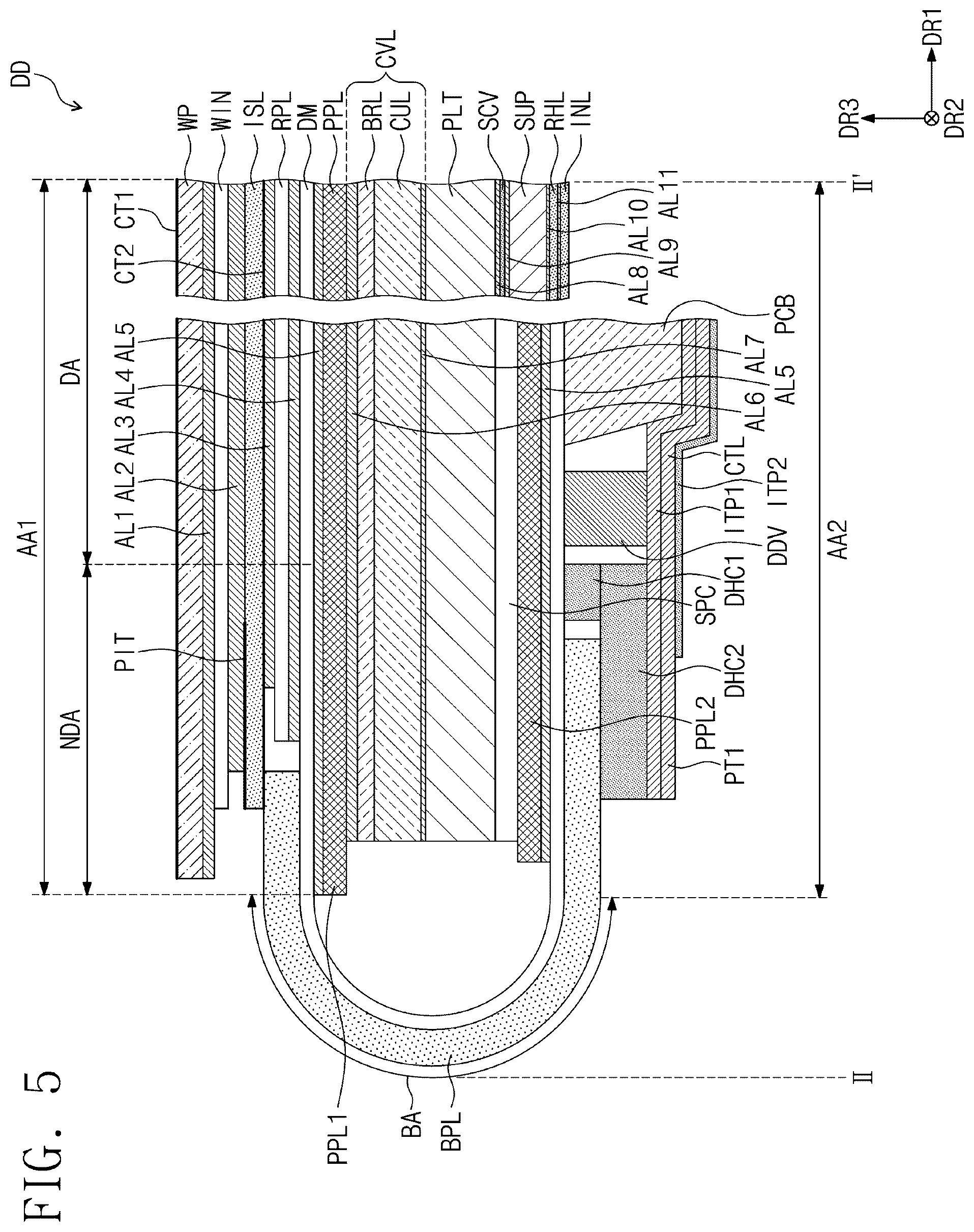 Patent US12101990 Figure 6 – Display device including bending protection and anti-reflection layers