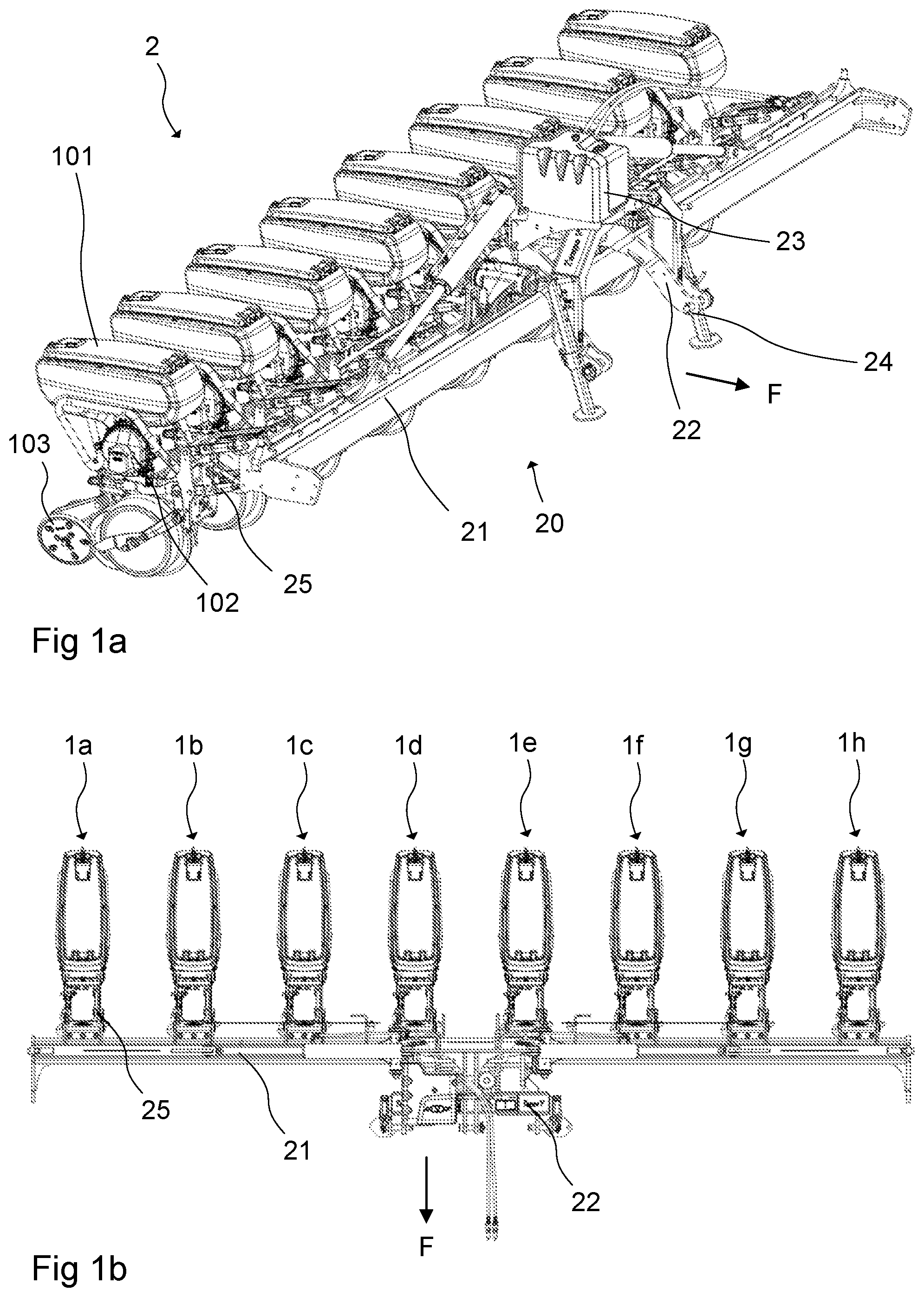 Patent US12102028 Figure 1 – Row unit for agricultural implement, agricultural implement comprising such row unit and method of setting drilling depth