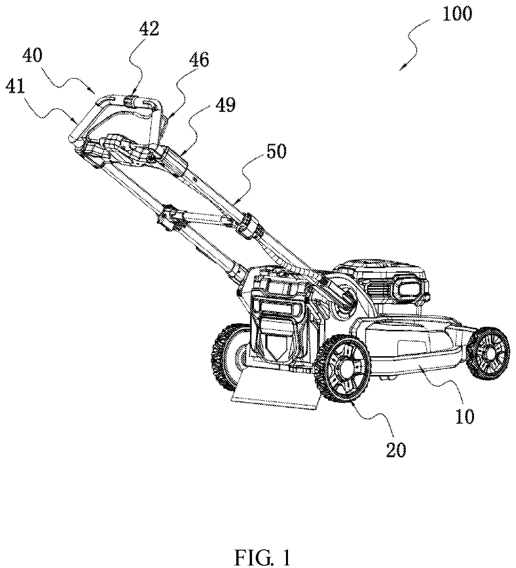Patent US12102037 Figure 1 – Self-propelled machine with grip-mounted starting triggers and speed adjustment