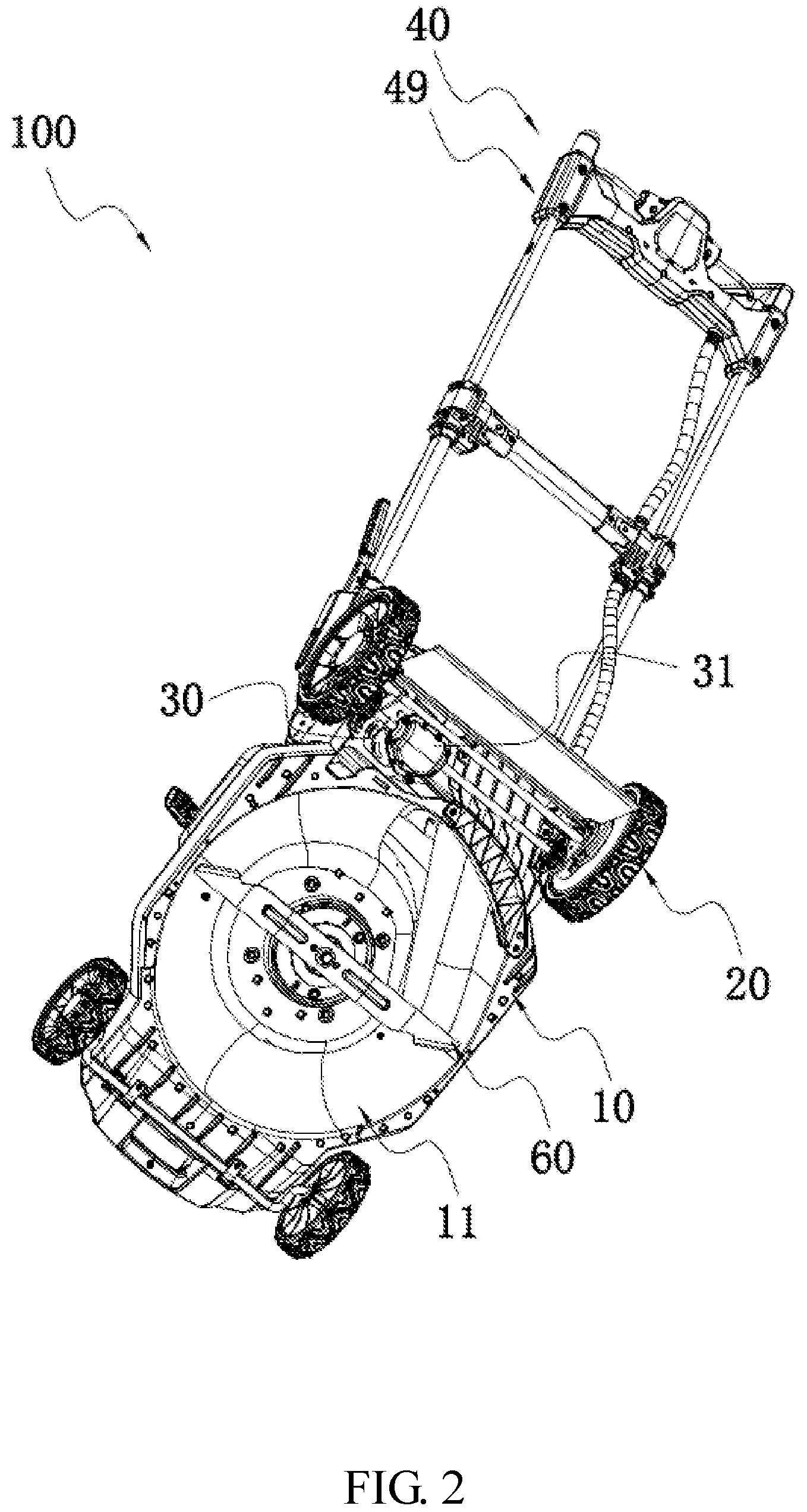 Patent US12102037 Figure 2 – Self-propelled machine with grip-mounted starting triggers and speed adjustment