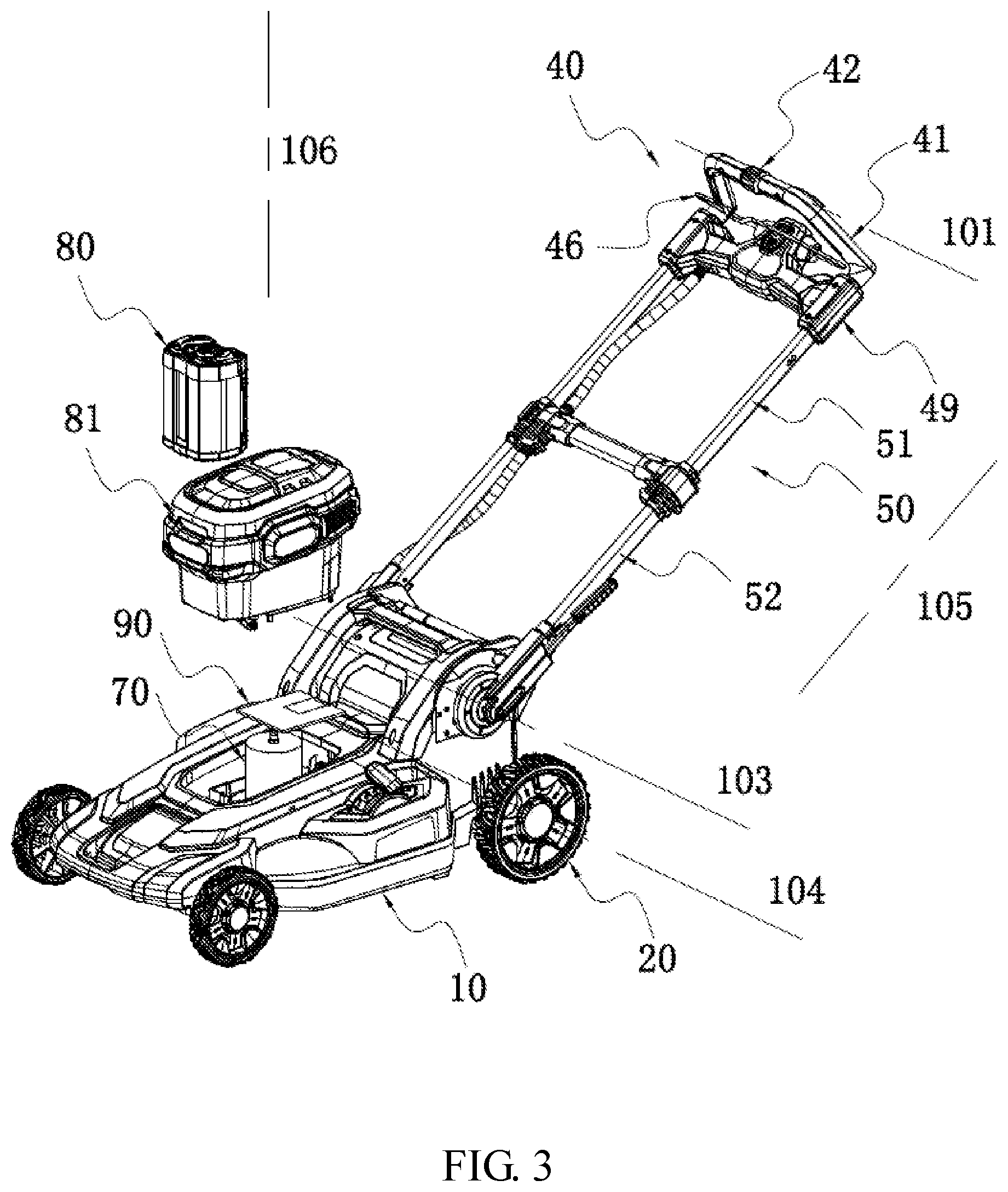 Patent US12102037 Figure 3 – Self-propelled machine with grip-mounted starting triggers and speed adjustment