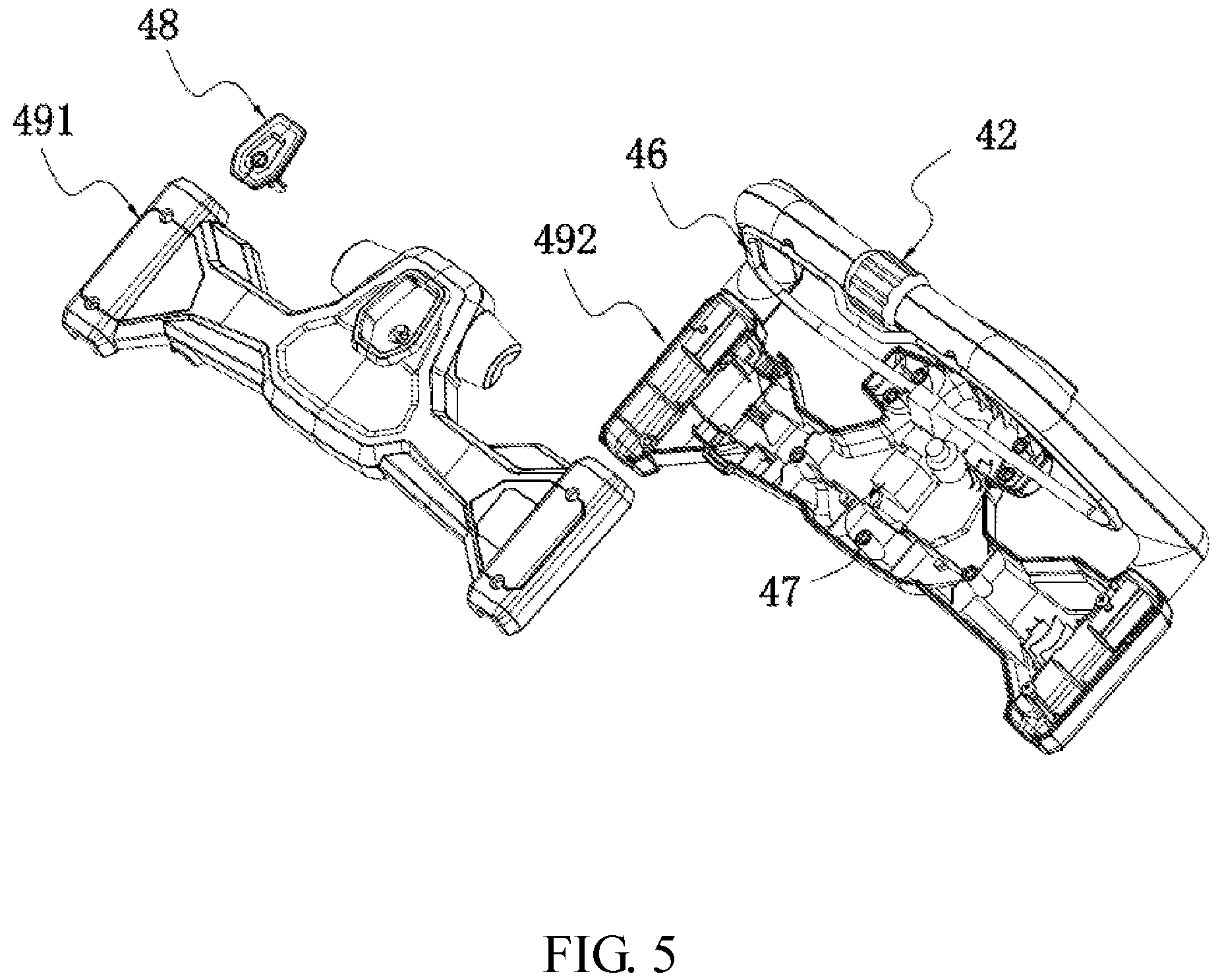 Patent US12102037 Figure 5 – Self-propelled machine with grip-mounted starting triggers and speed adjustment