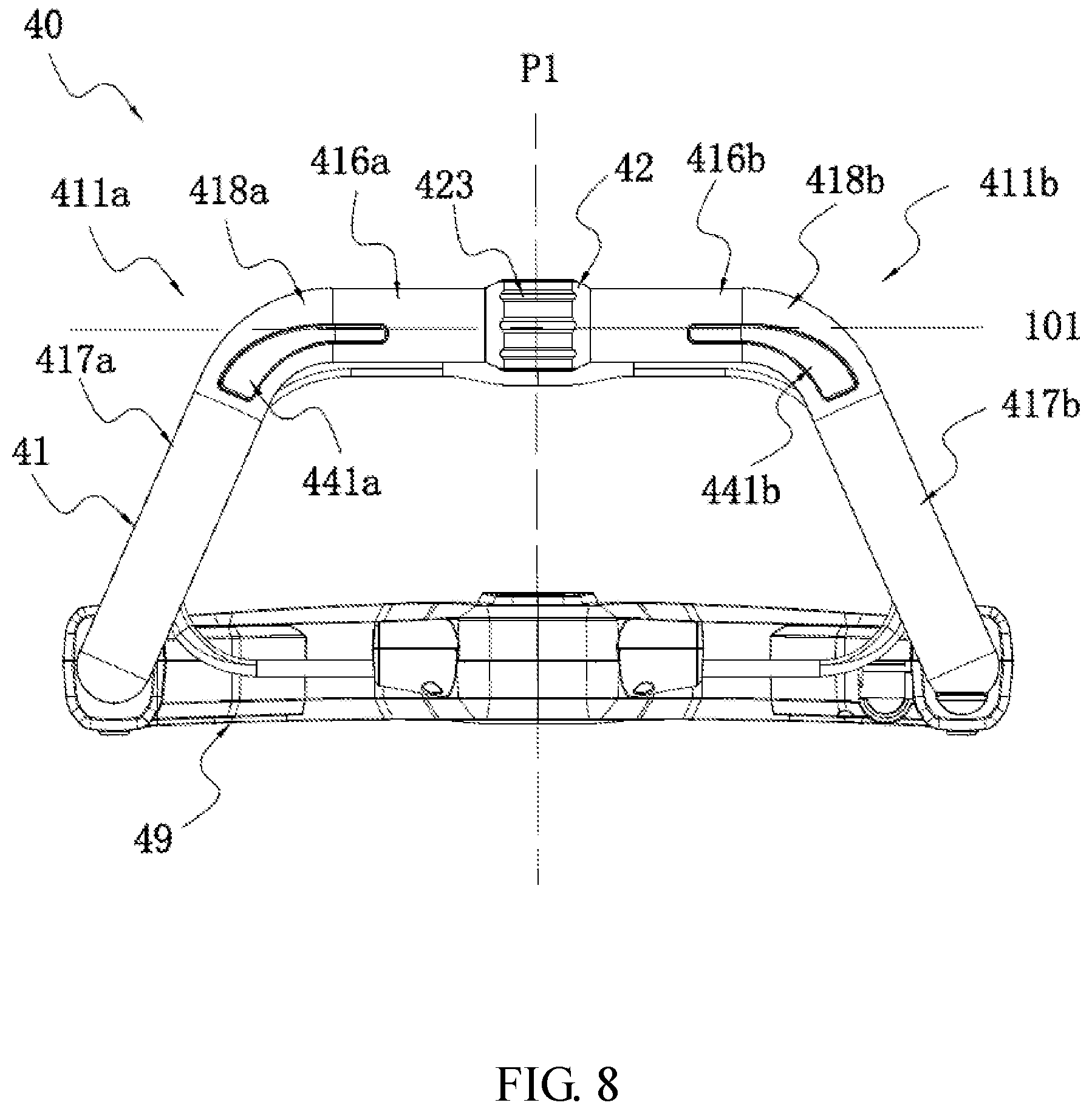 Patent US12102037 Figure 8 – Self-propelled machine with grip-mounted starting triggers and speed adjustment