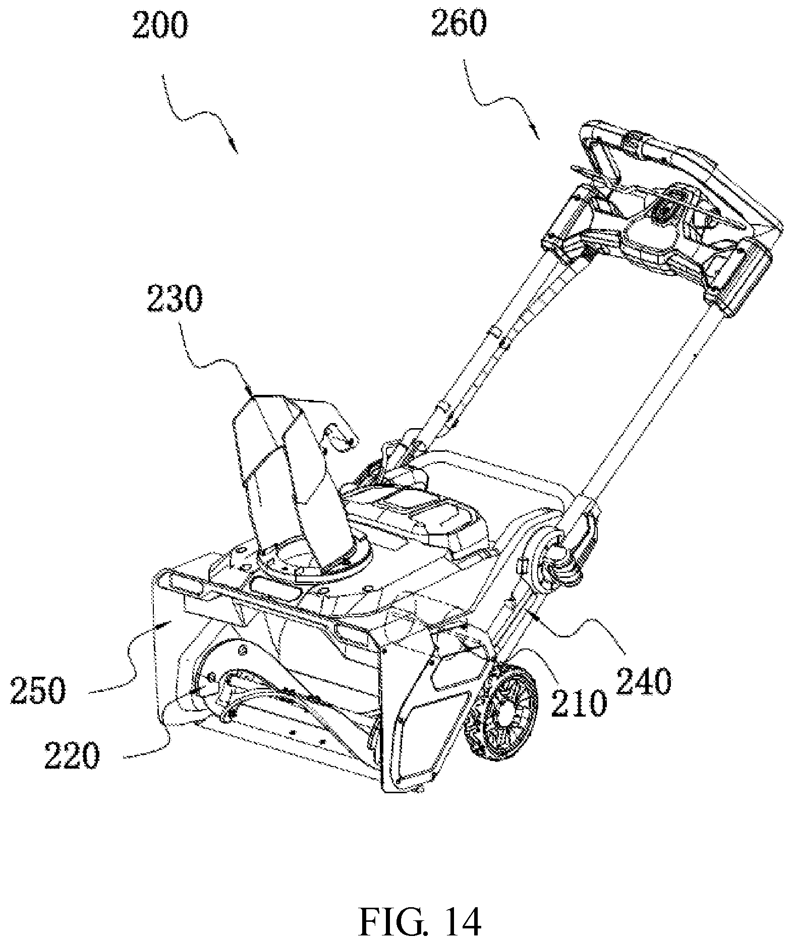 Patent US12102037 Figure 13 – Self-propelled machine with grip-mounted starting triggers and speed adjustment