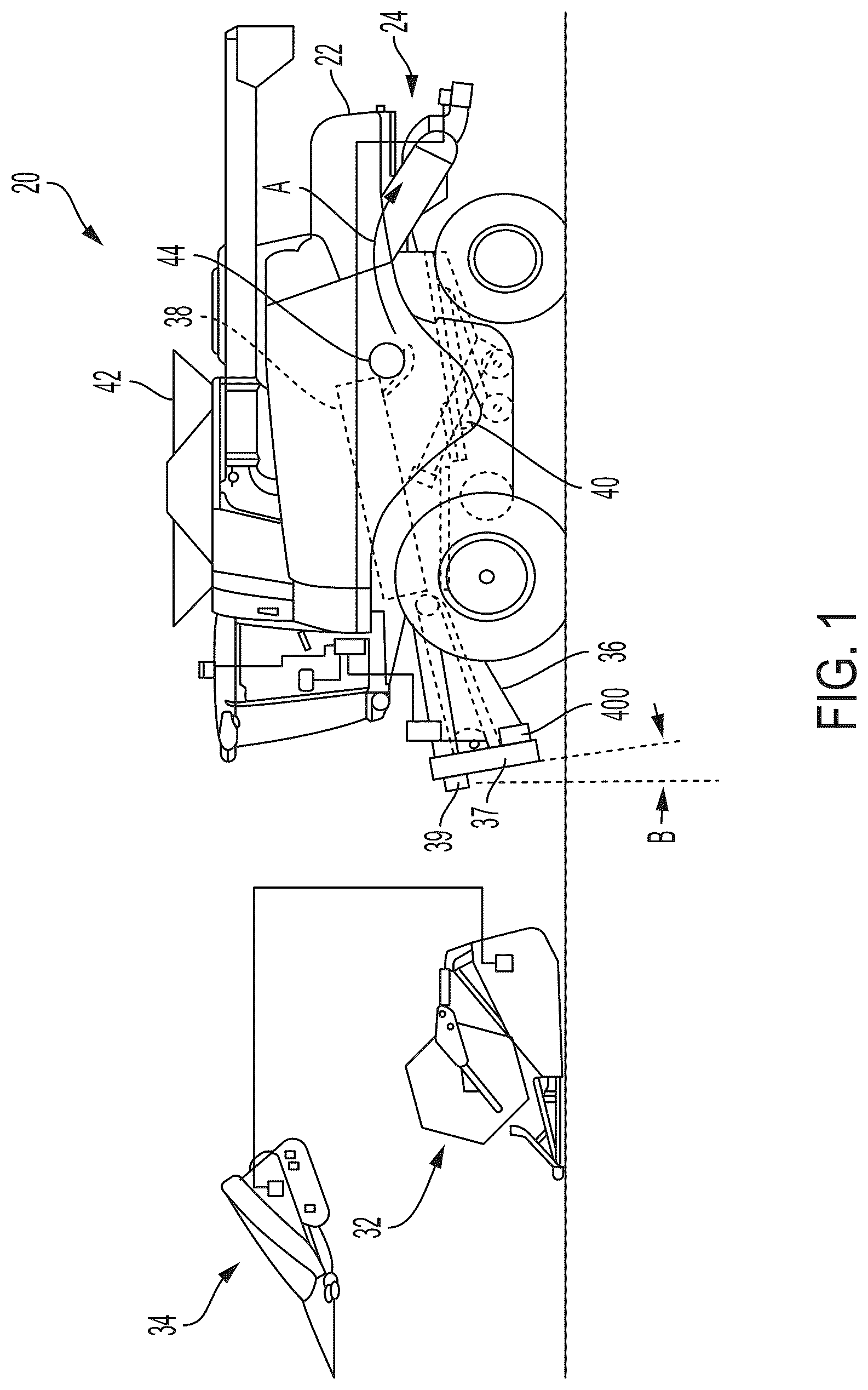 Patent US12102038 Figure 1 – Apparatus and method for adjusting faceplate of feeder for agricultural vehicle