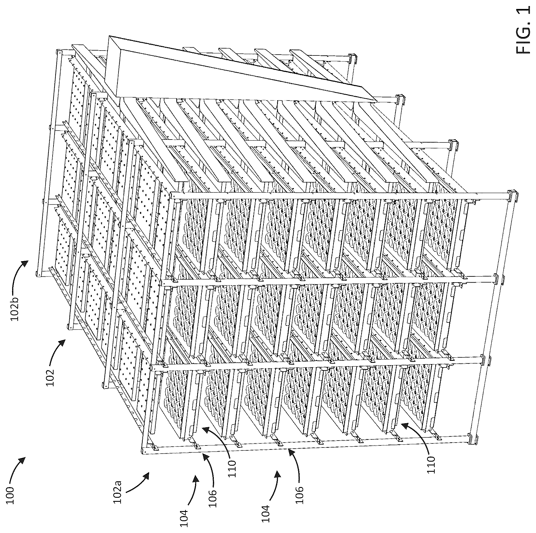 Patent US12102044 Figure 1 – High-density plant cultivation systems and related apparatuses and methods
