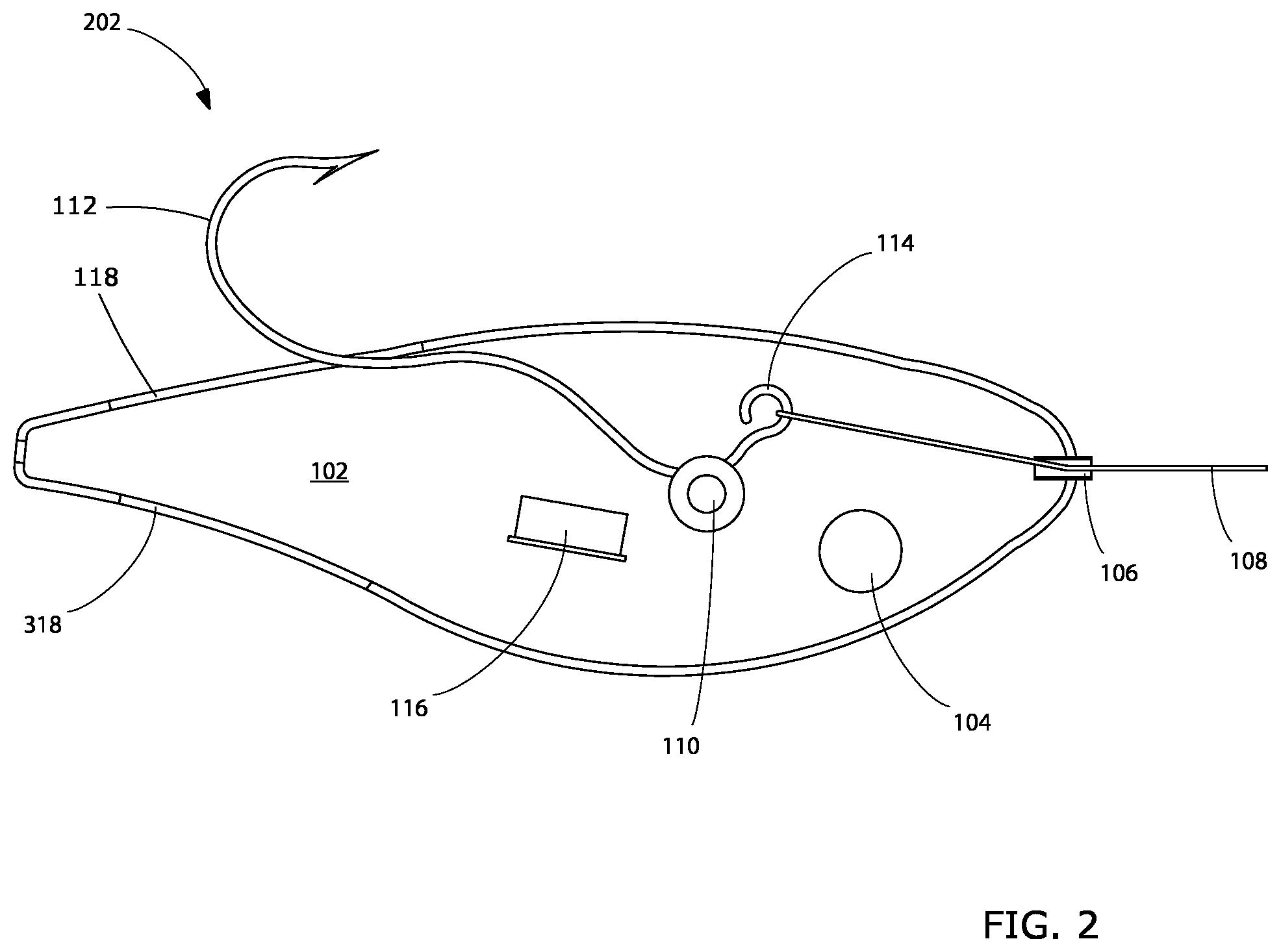 Patent US12102072 Figure 2 – Mechanical fishing lure device with magnet enabled retractable hook