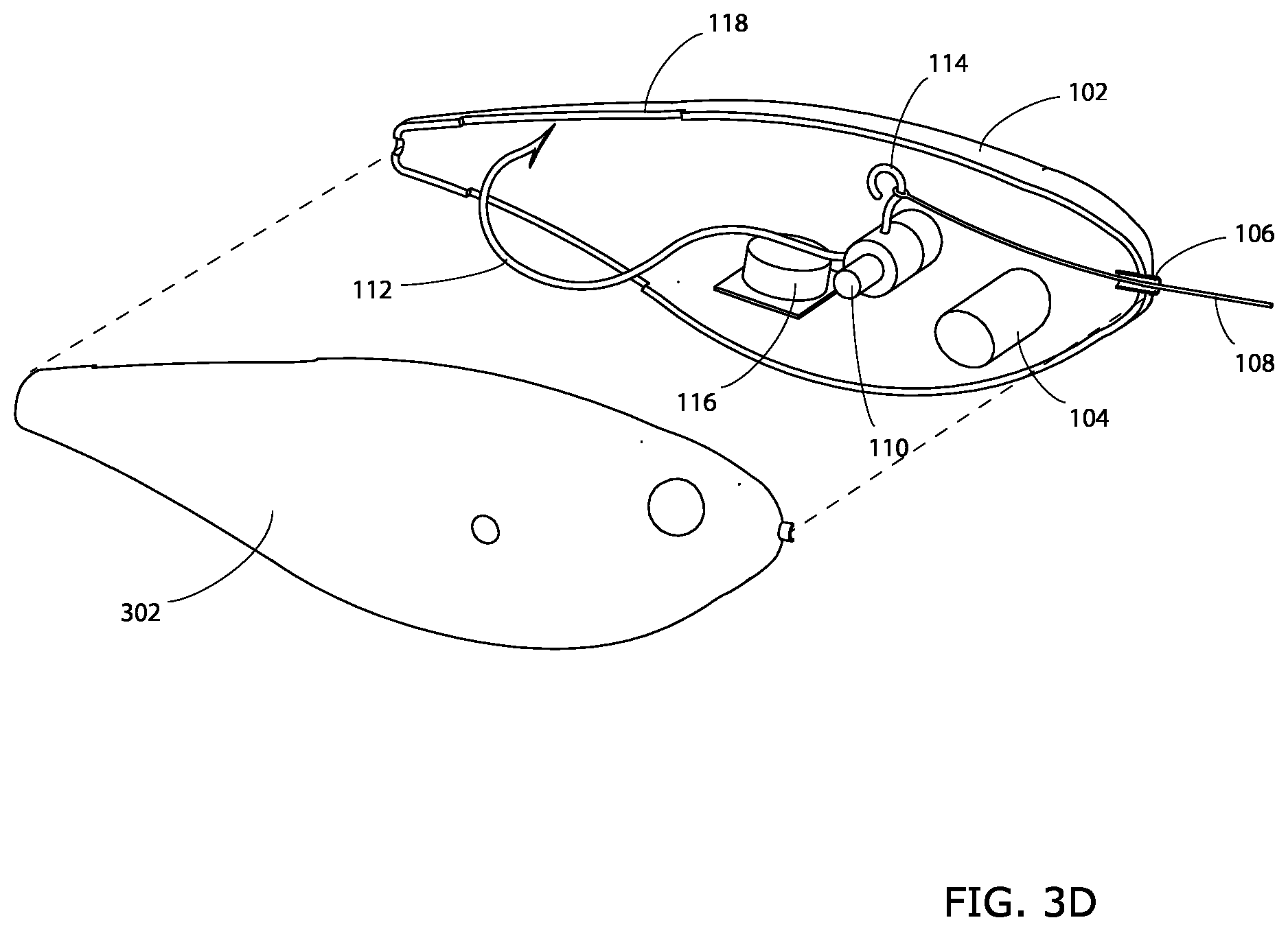 Patent US12102072 Figure 4 – Mechanical fishing lure device with magnet enabled retractable hook