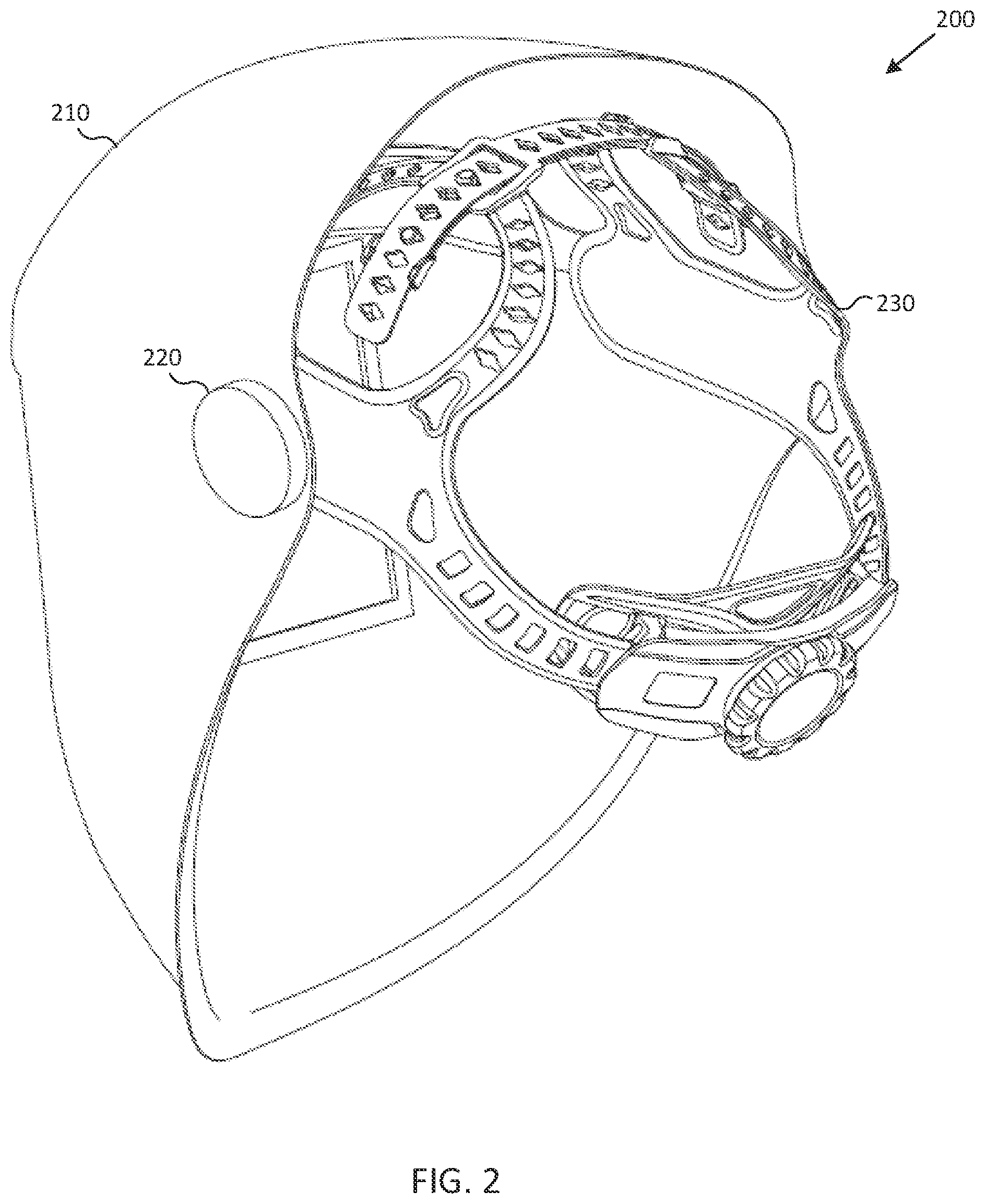 Patent US12102160 Figure 2 – Headgear with curved straps for welding helmet