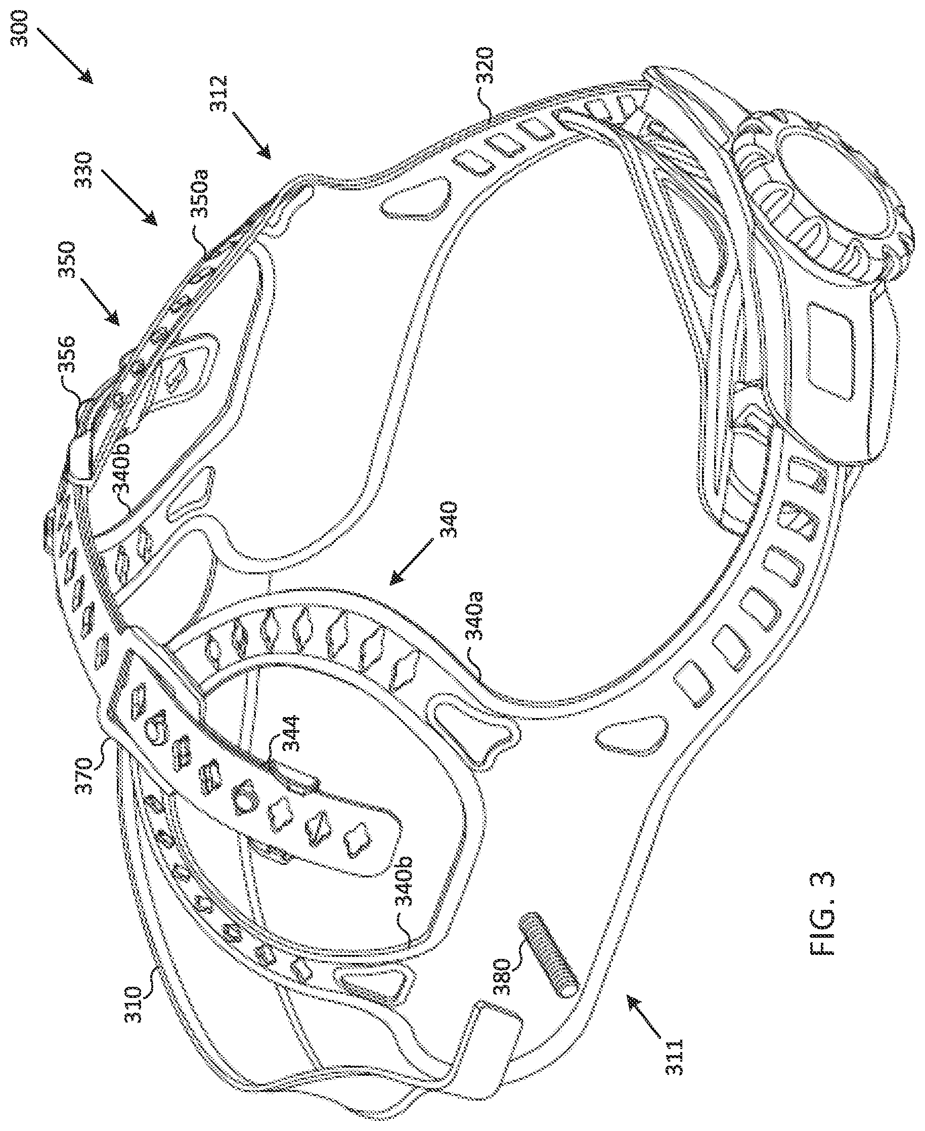 Patent US12102160 Figure 3 – Headgear with curved straps for welding helmet