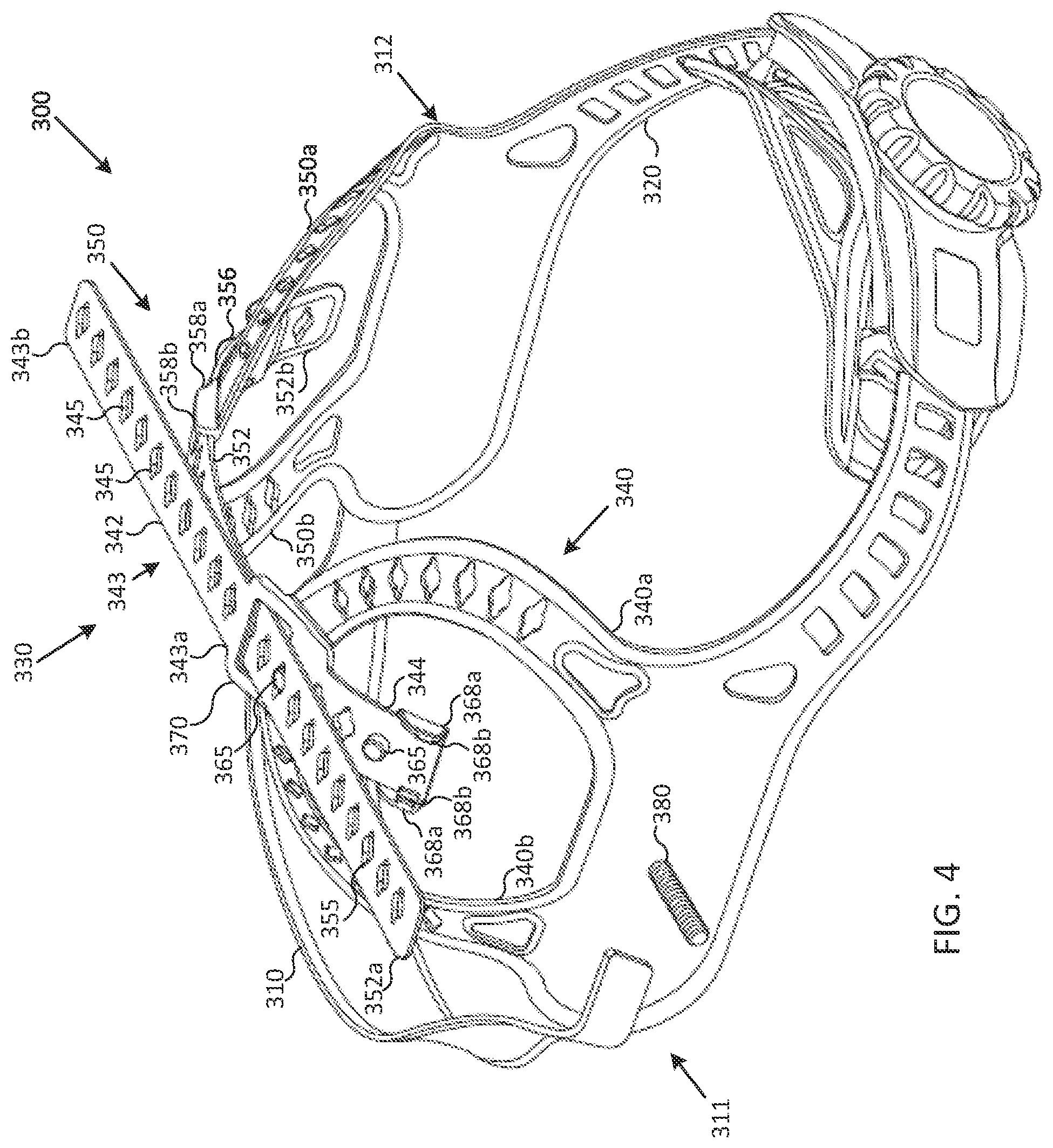 Patent US12102160 Figure 4 – Headgear with curved straps for welding helmet