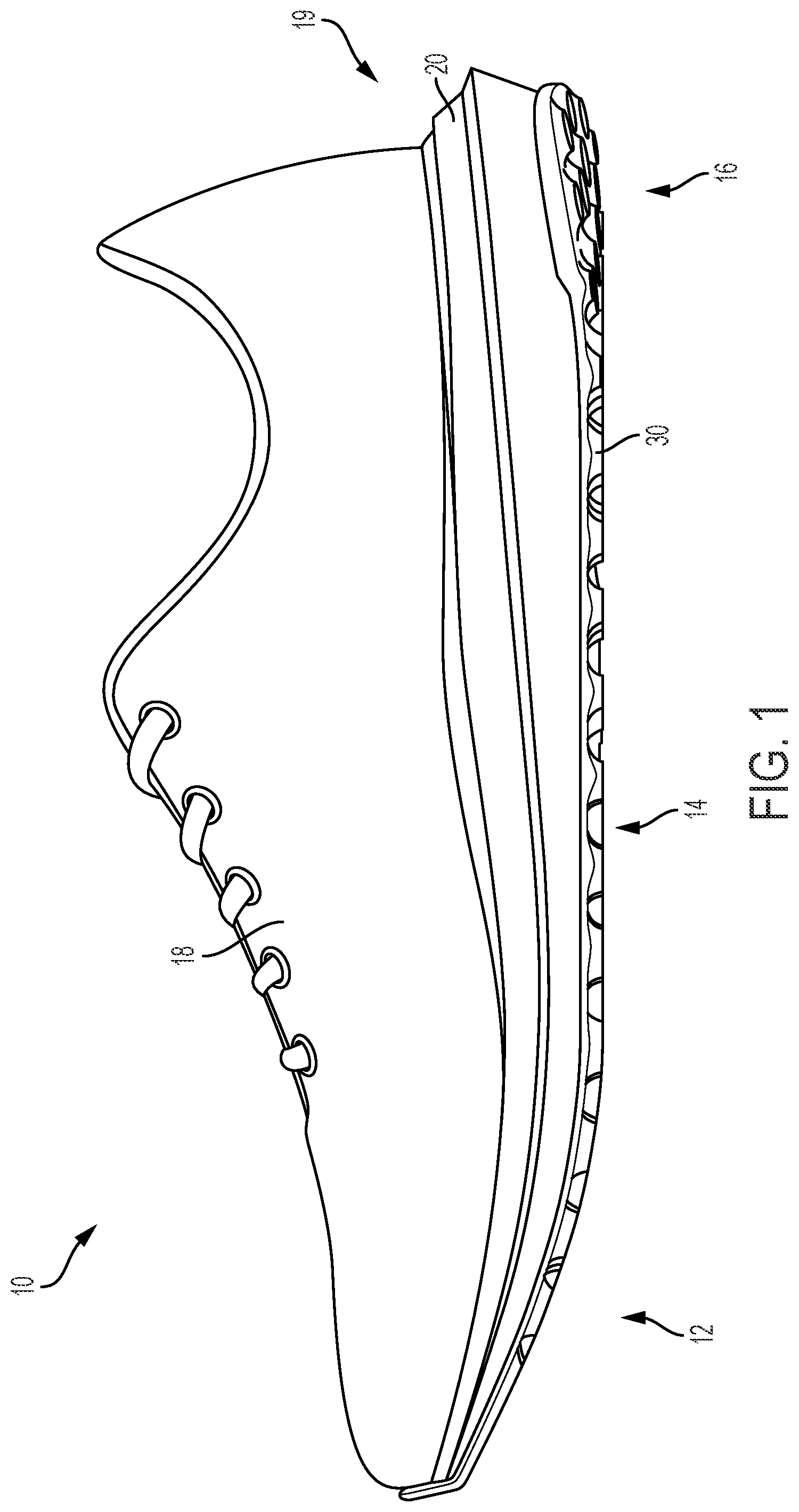 Patent US12102168 Figure 1 – Article of footwear with ribbed outsole and notched midsole
