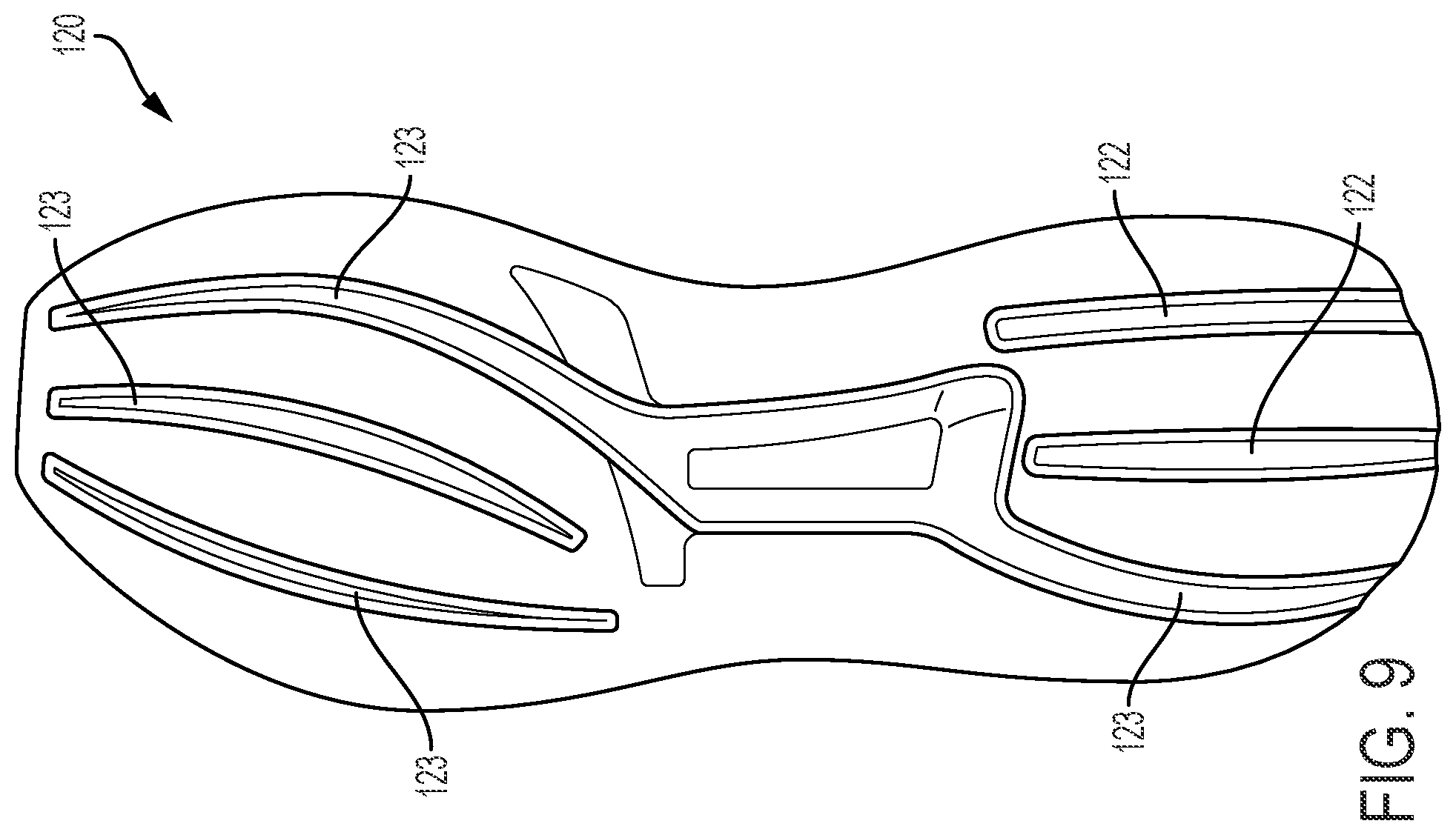 Patent US12102168 Figure 9 – Article of footwear with ribbed outsole and notched midsole