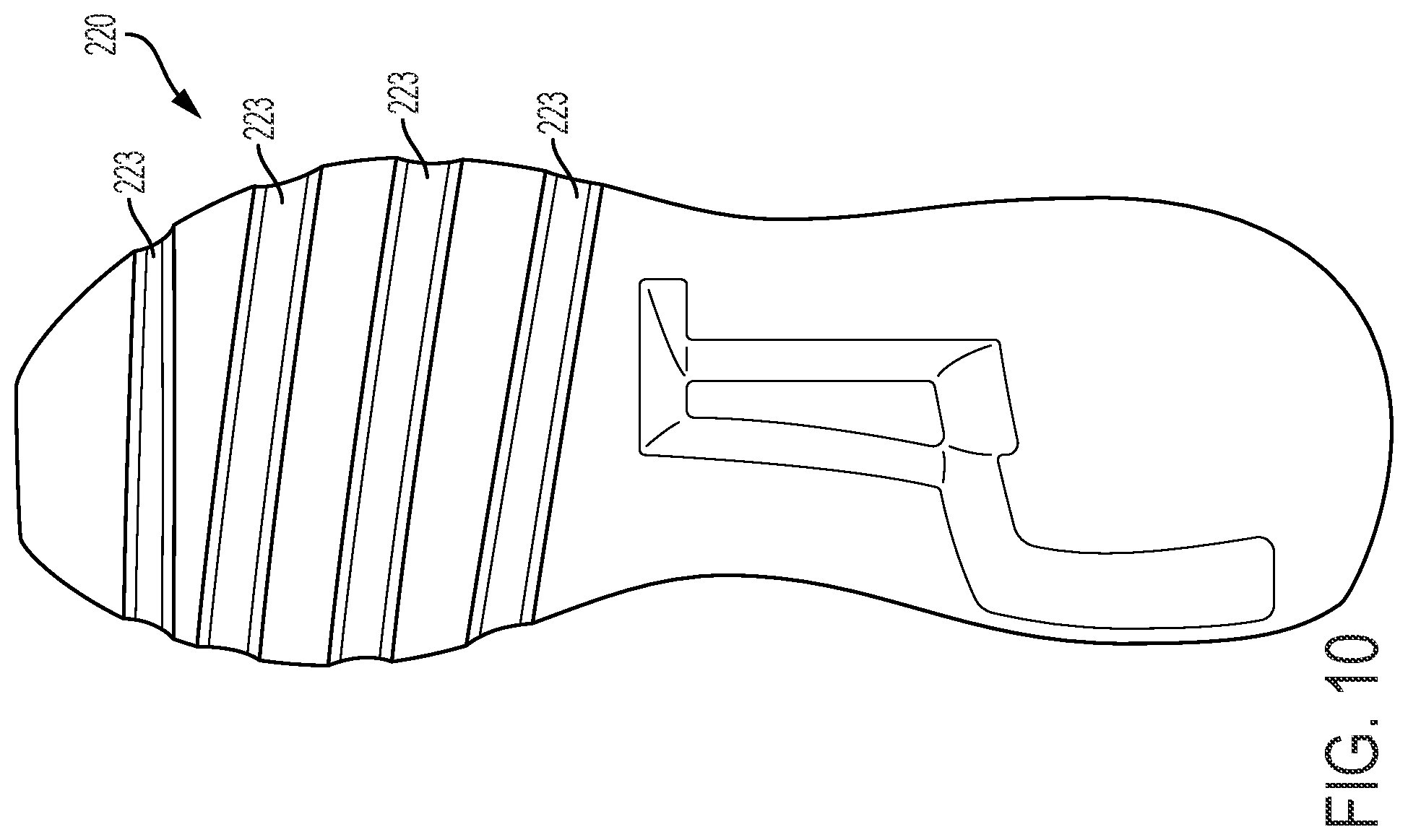 Patent US12102168 Figure 10 – Article of footwear with ribbed outsole and notched midsole