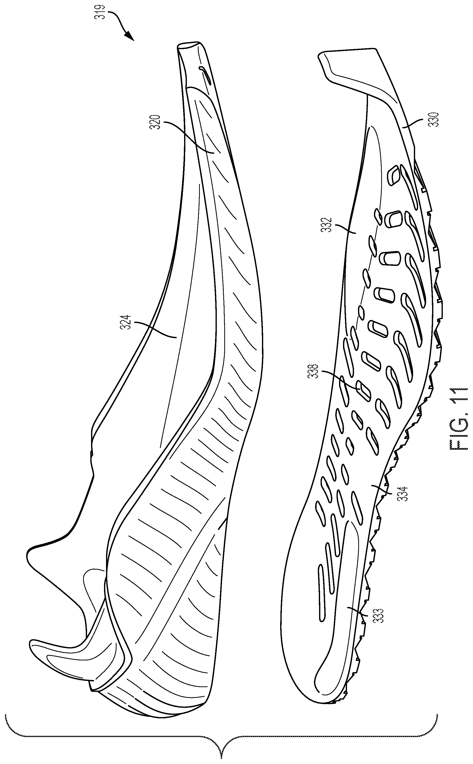 Patent US12102168 Figure 11 – Article of footwear with ribbed outsole and notched midsole