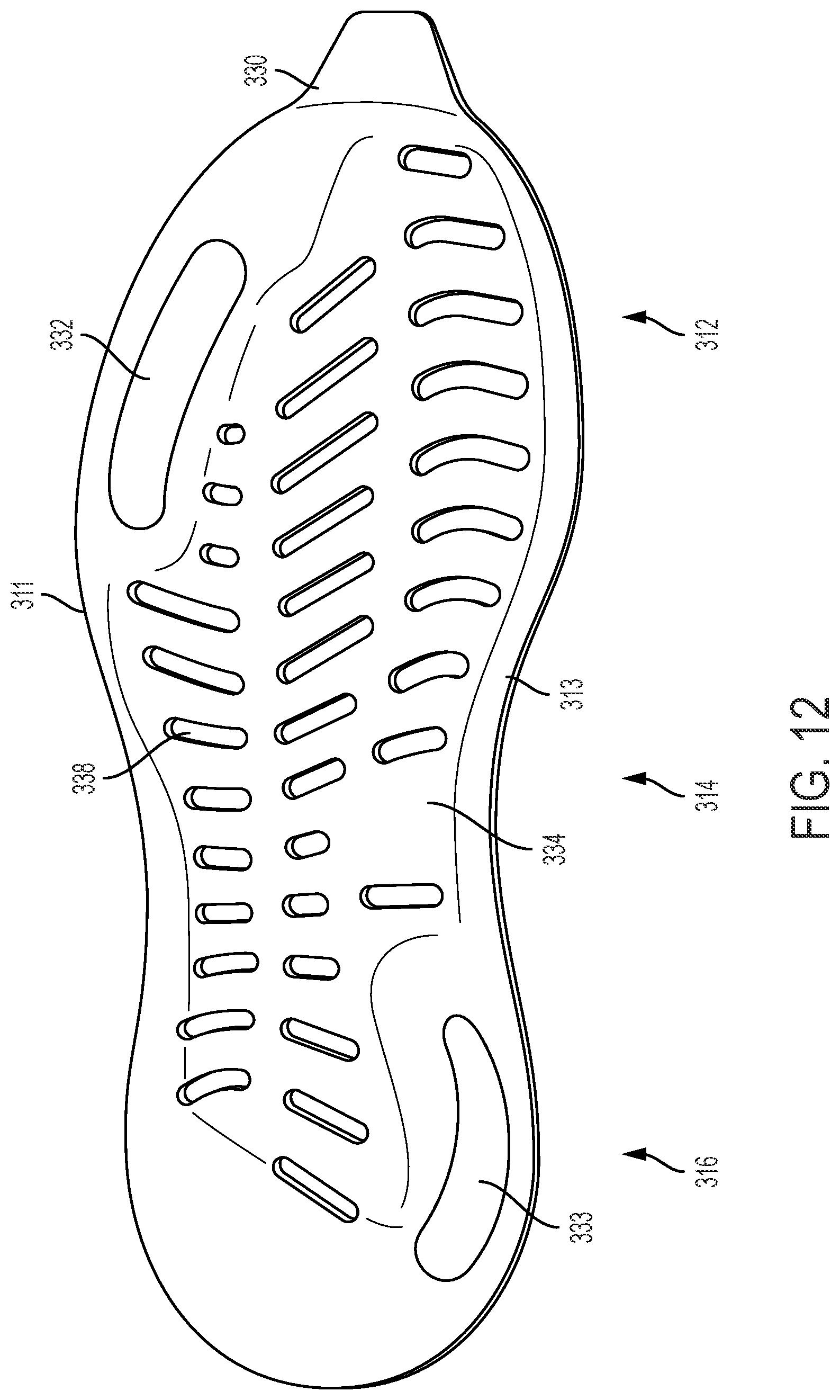 Patent US12102168 Figure 12 – Article of footwear with ribbed outsole and notched midsole