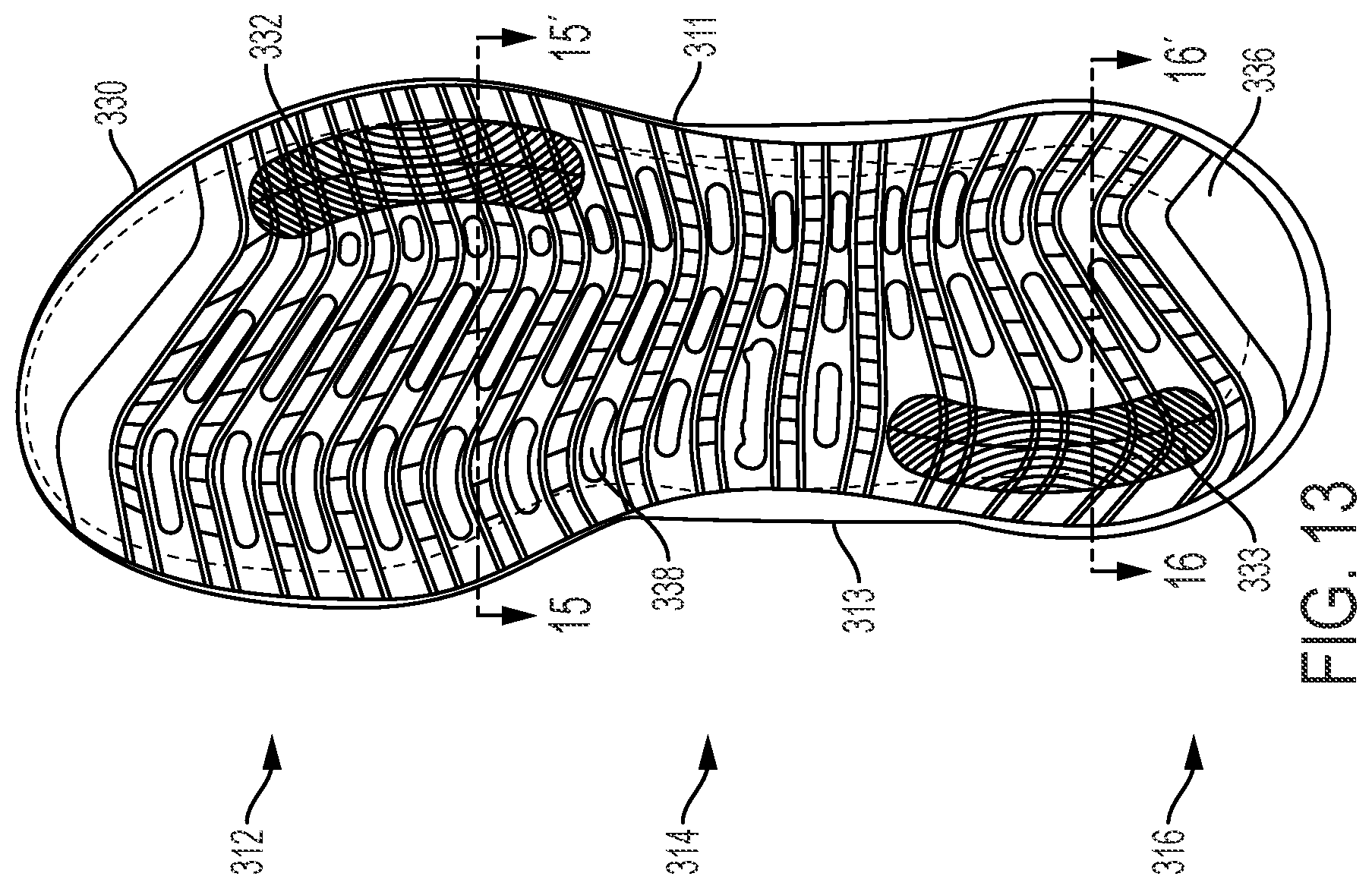 Patent US12102168 Figure 13 – Article of footwear with ribbed outsole and notched midsole