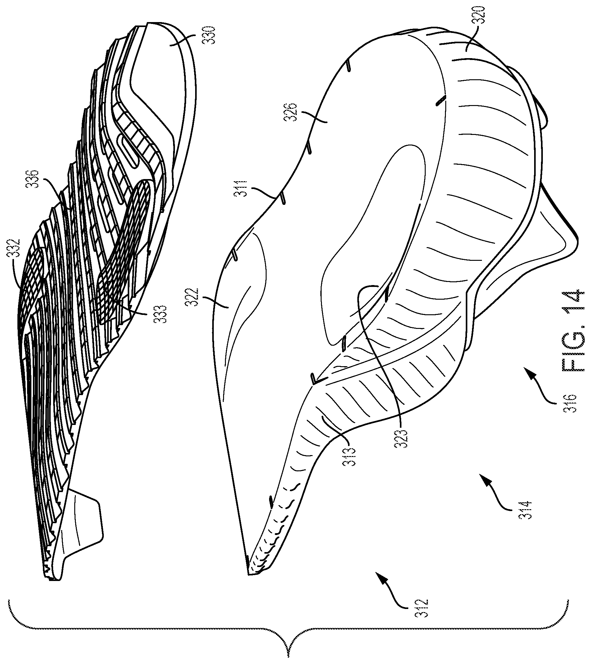 Patent US12102168 Figure 14 – Article of footwear with ribbed outsole and notched midsole