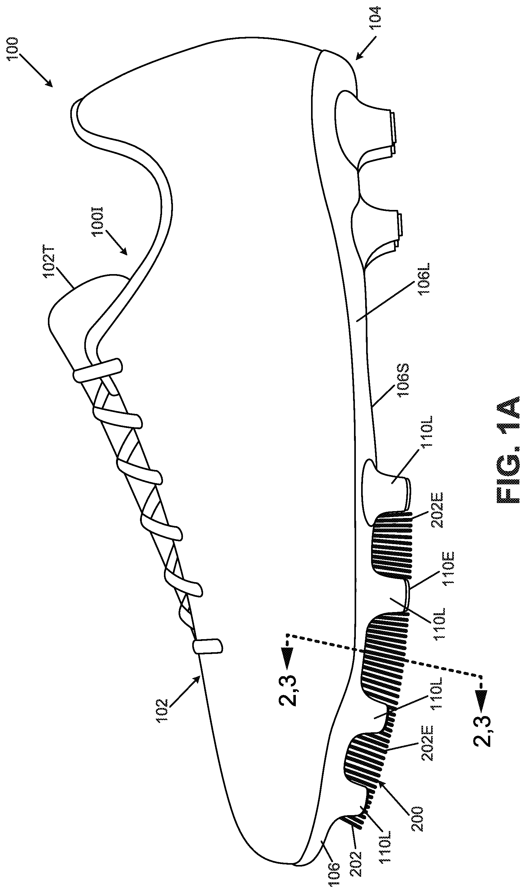 Patent US12102174 Figure 1 – Foot support components for articles of footwear including multiple flexible projections at the ground-facing surface
