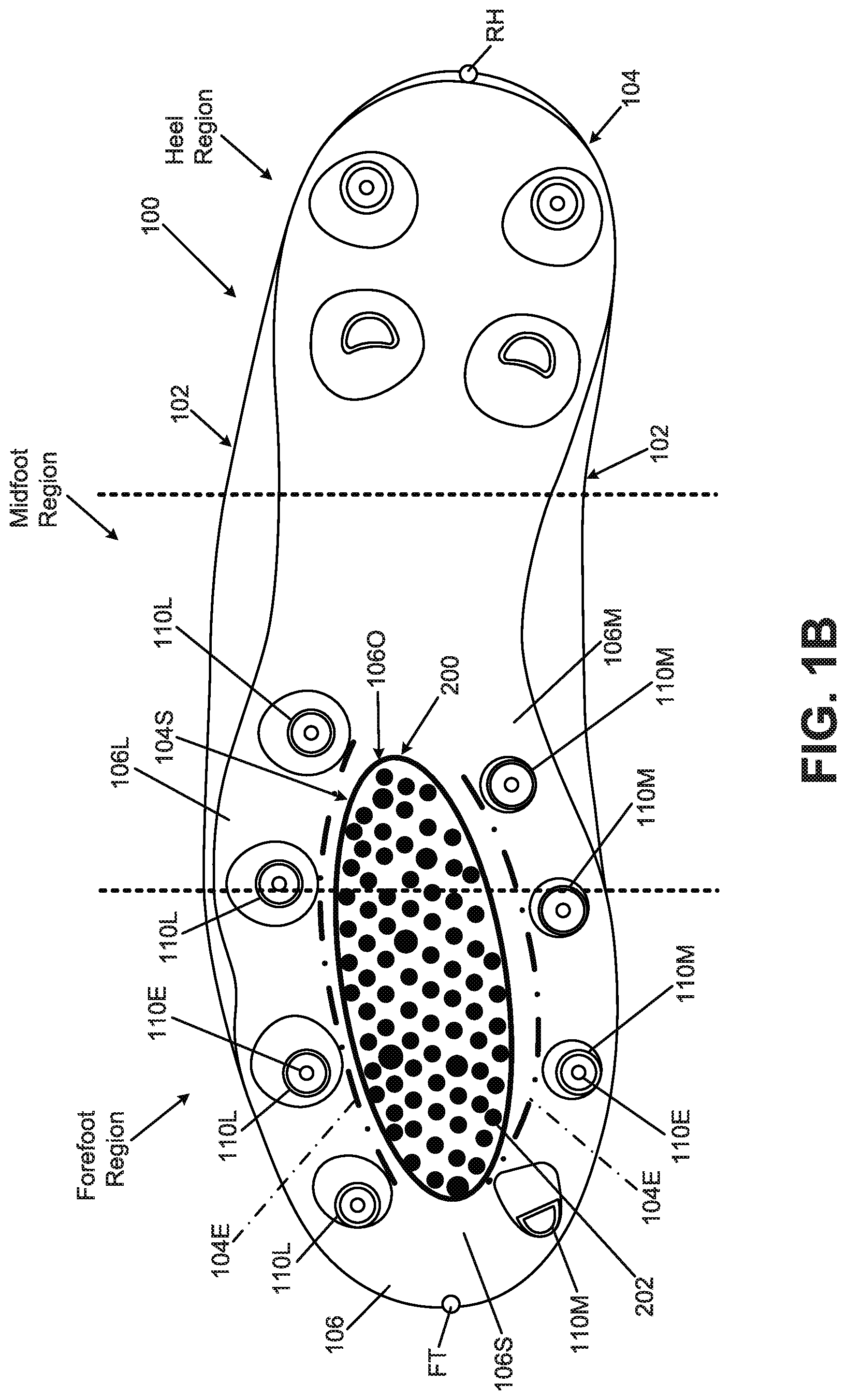 Patent US12102174 Figure 2 – Foot support components for articles of footwear including multiple flexible projections at the ground-facing surface