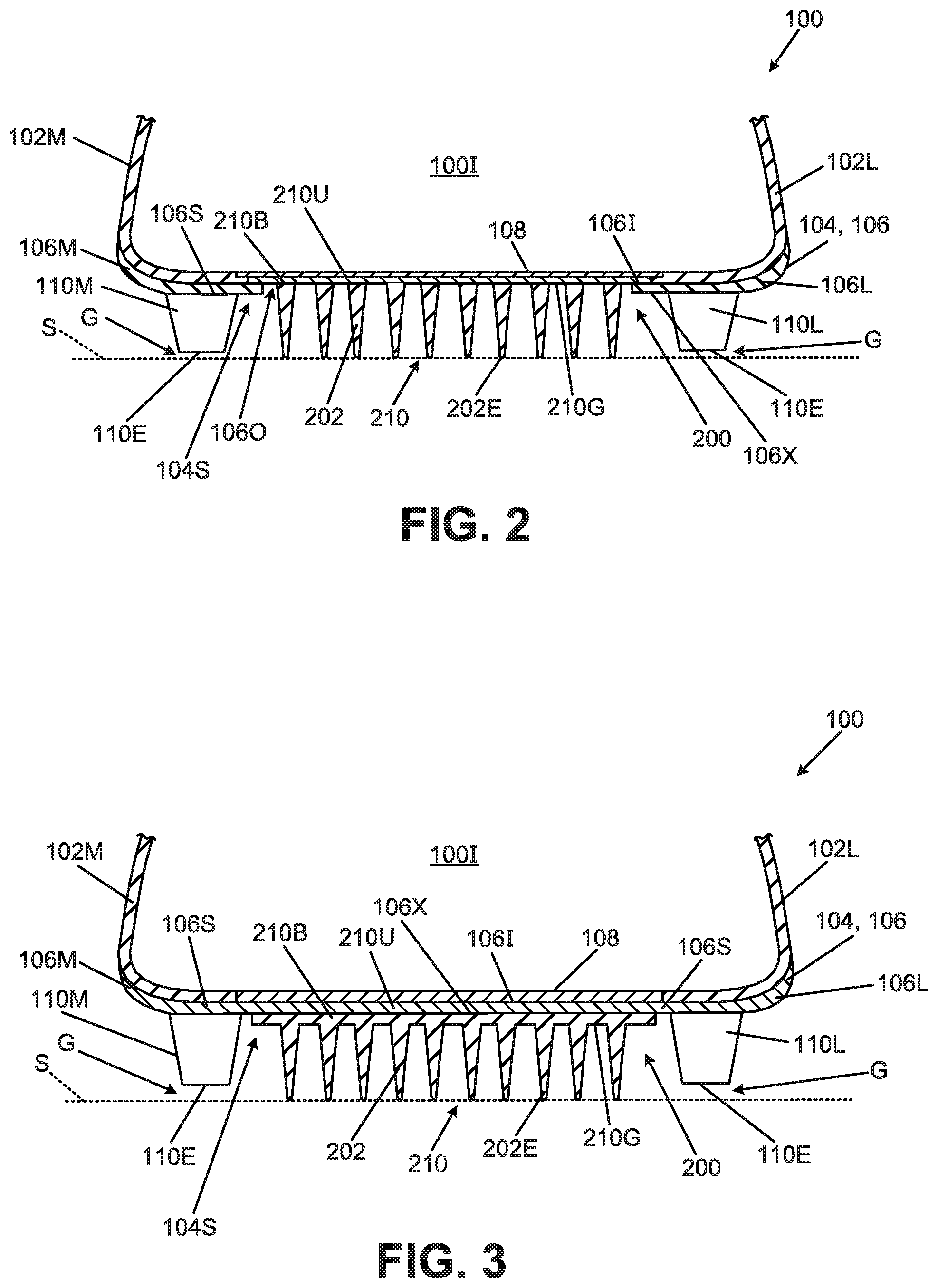 Patent US12102174 Figure 4 – Foot support components for articles of footwear including multiple flexible projections at the ground-facing surface