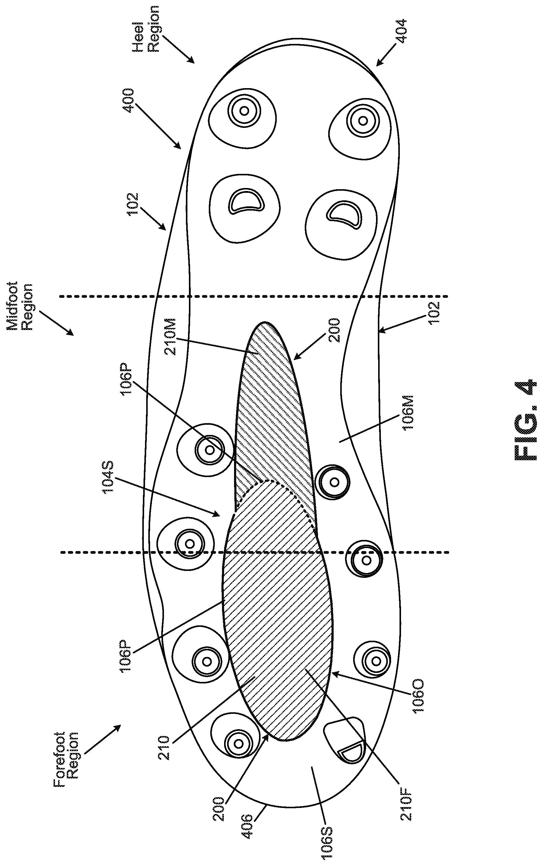 Patent US12102174 Figure 5 – Foot support components for articles of footwear including multiple flexible projections at the ground-facing surface