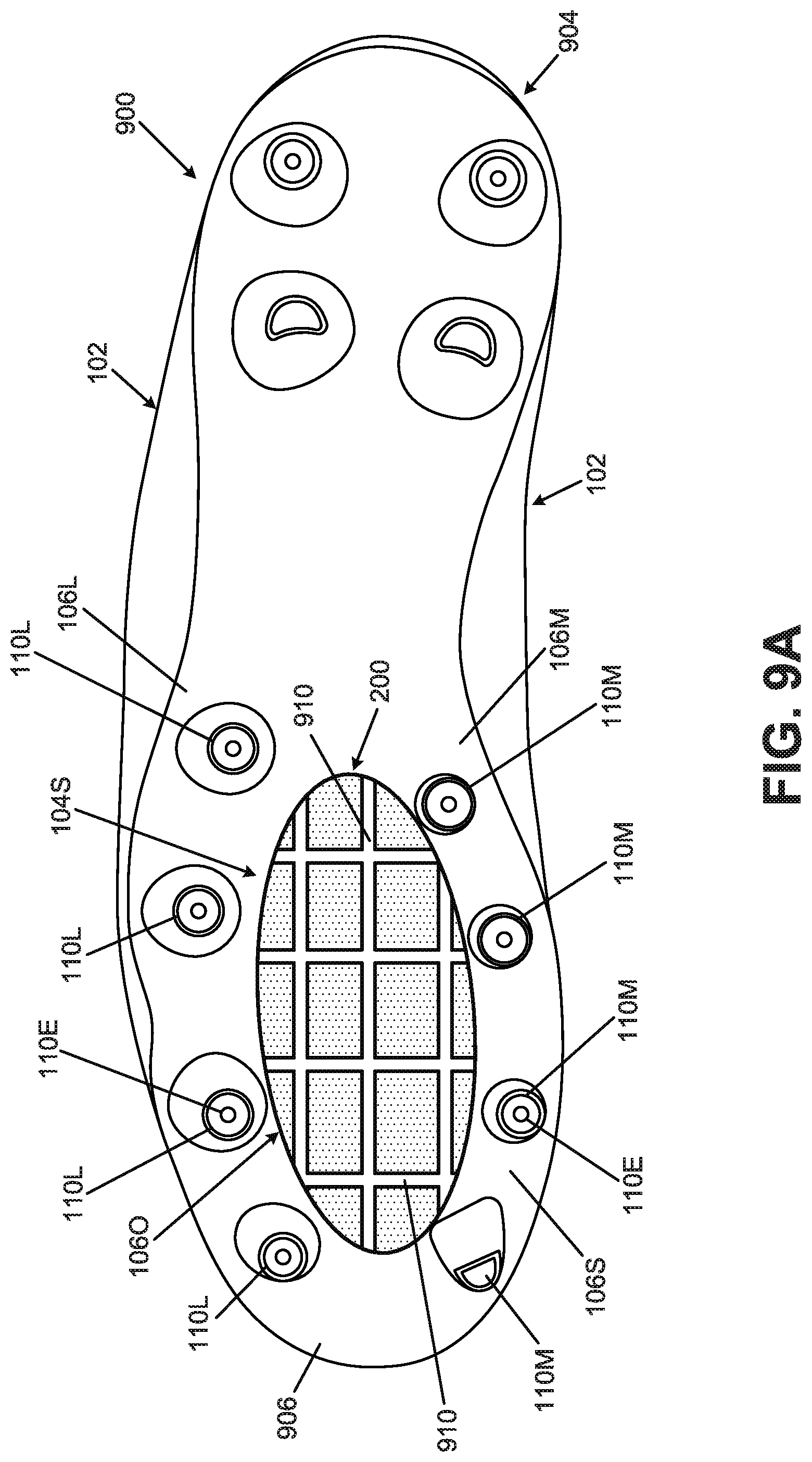 Patent US12102174 Figure 10 – Foot support components for articles of footwear including multiple flexible projections at the ground-facing surface