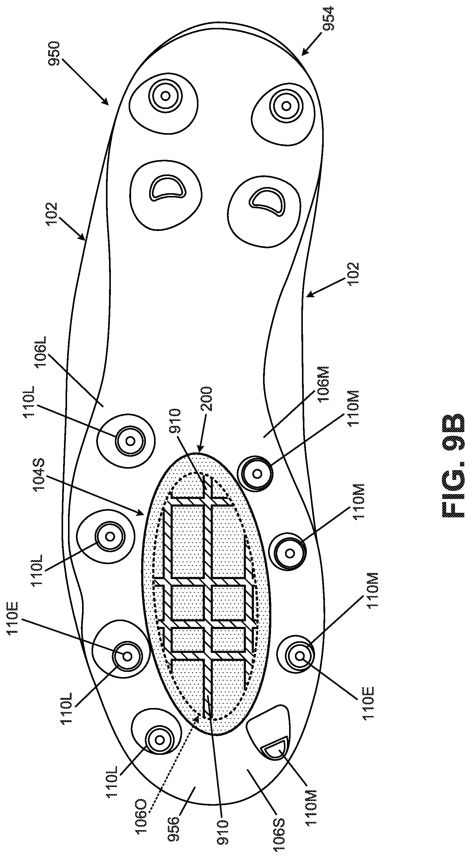 Patent US12102174 Figure 11 – Foot support components for articles of footwear including multiple flexible projections at the ground-facing surface